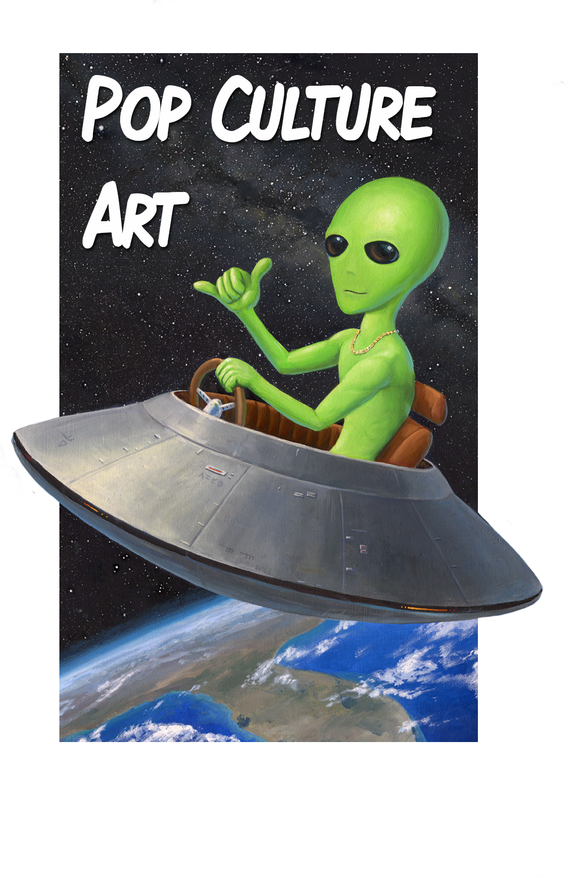 Cover art for 'Pop Culture Art' featuring a green alien in a flying saucer giving a thumbs-up, set against a starry space background and Earth below.