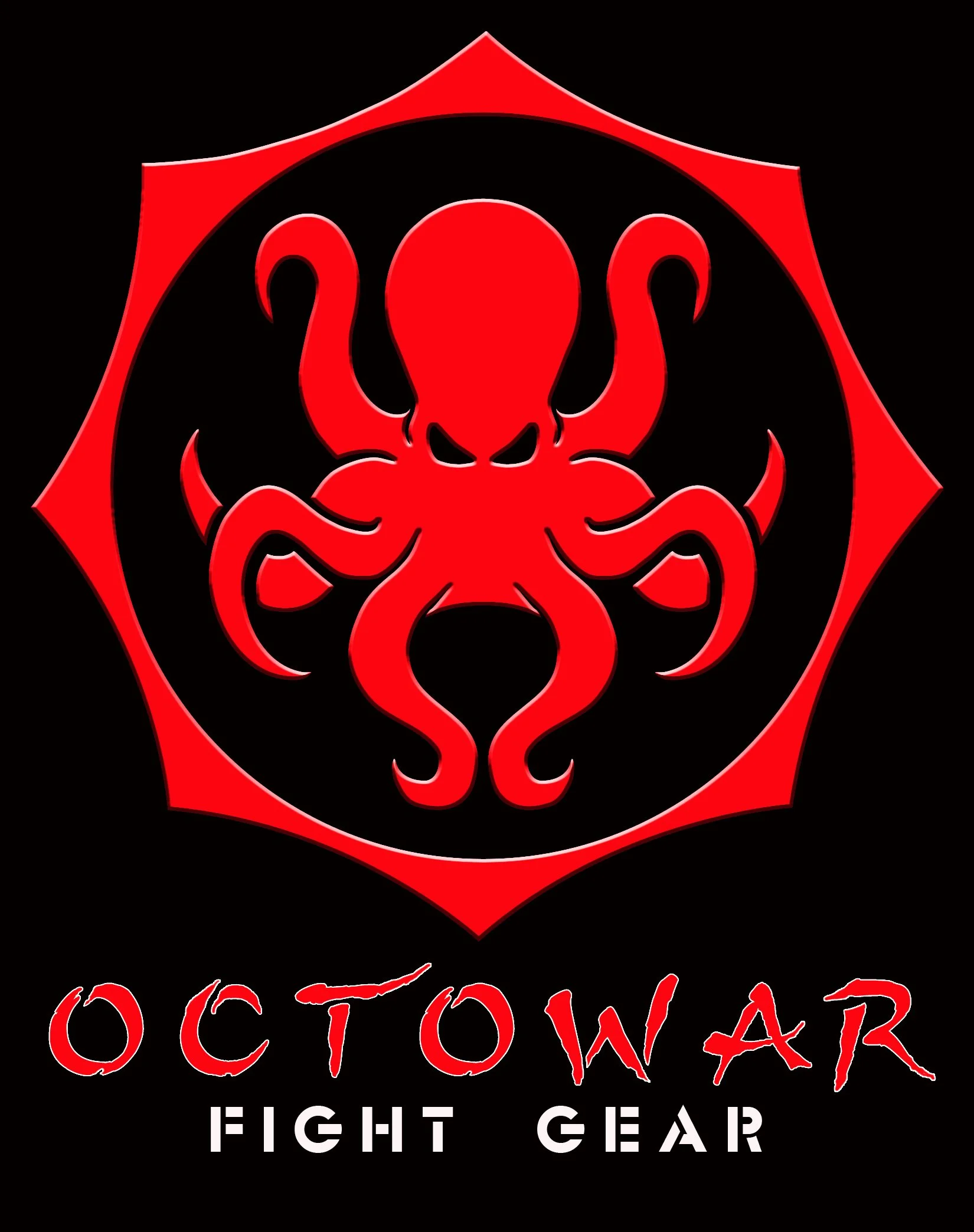 Red octopus with an octagon outline and the words 'Octowar Fight Gear' below on a black background.
