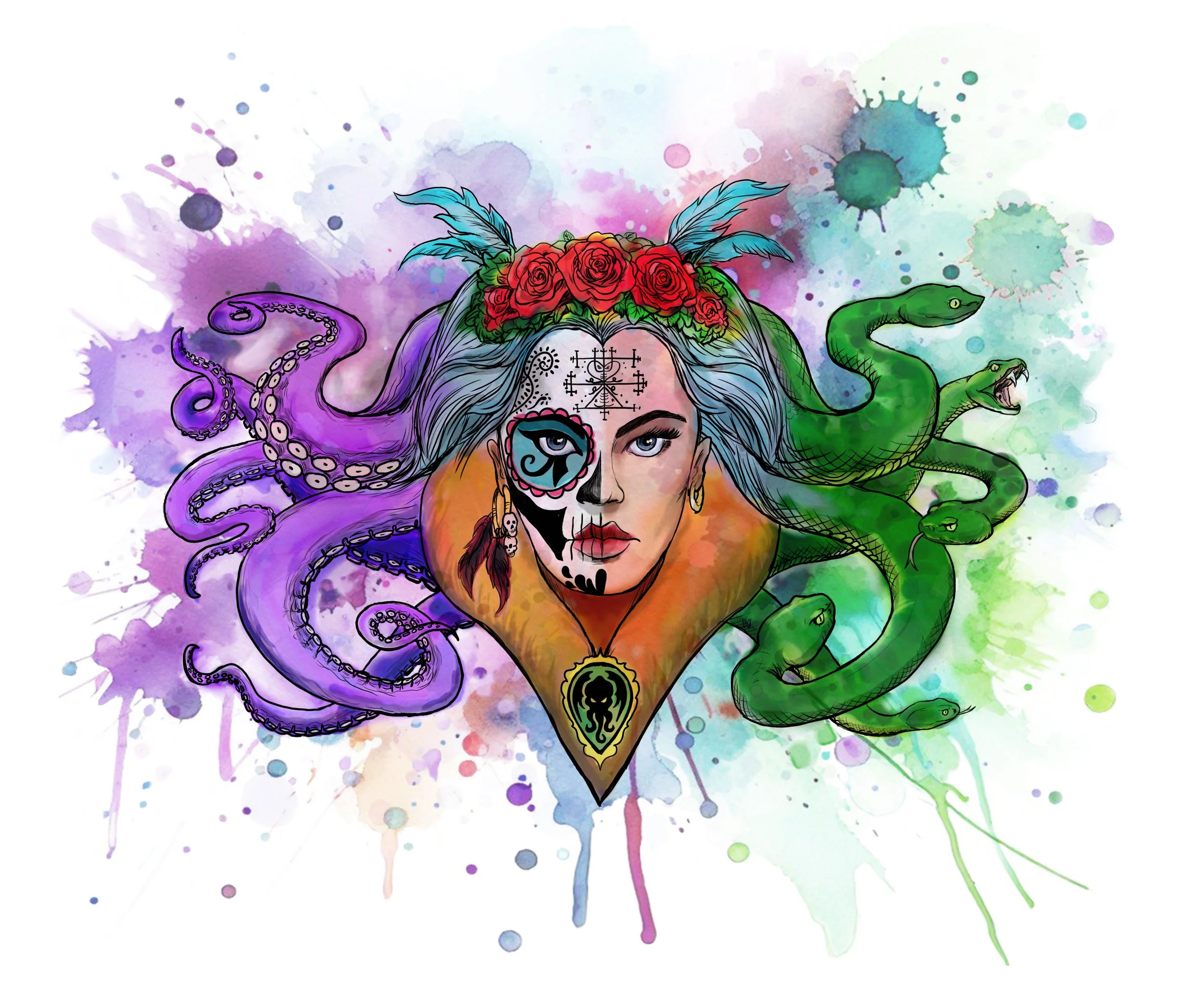 A colorful artistic depiction of a woman's face with half painted as a sugar skull, surrounded by purple octopus tentacles, green snakes, and a floral headdress, set against a vibrant watercolor background.