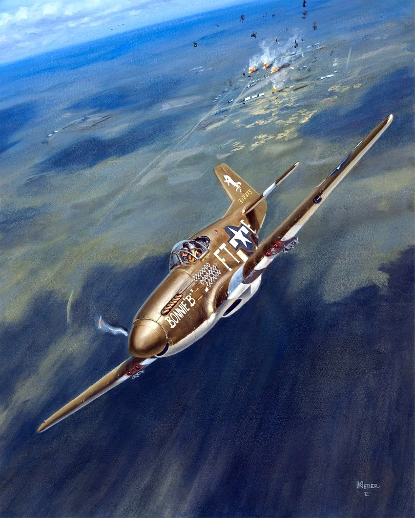 A vintage military fighter plane in World War II style with markings 'BONNIE B' flying over water, with explosions and smoke in the distance.