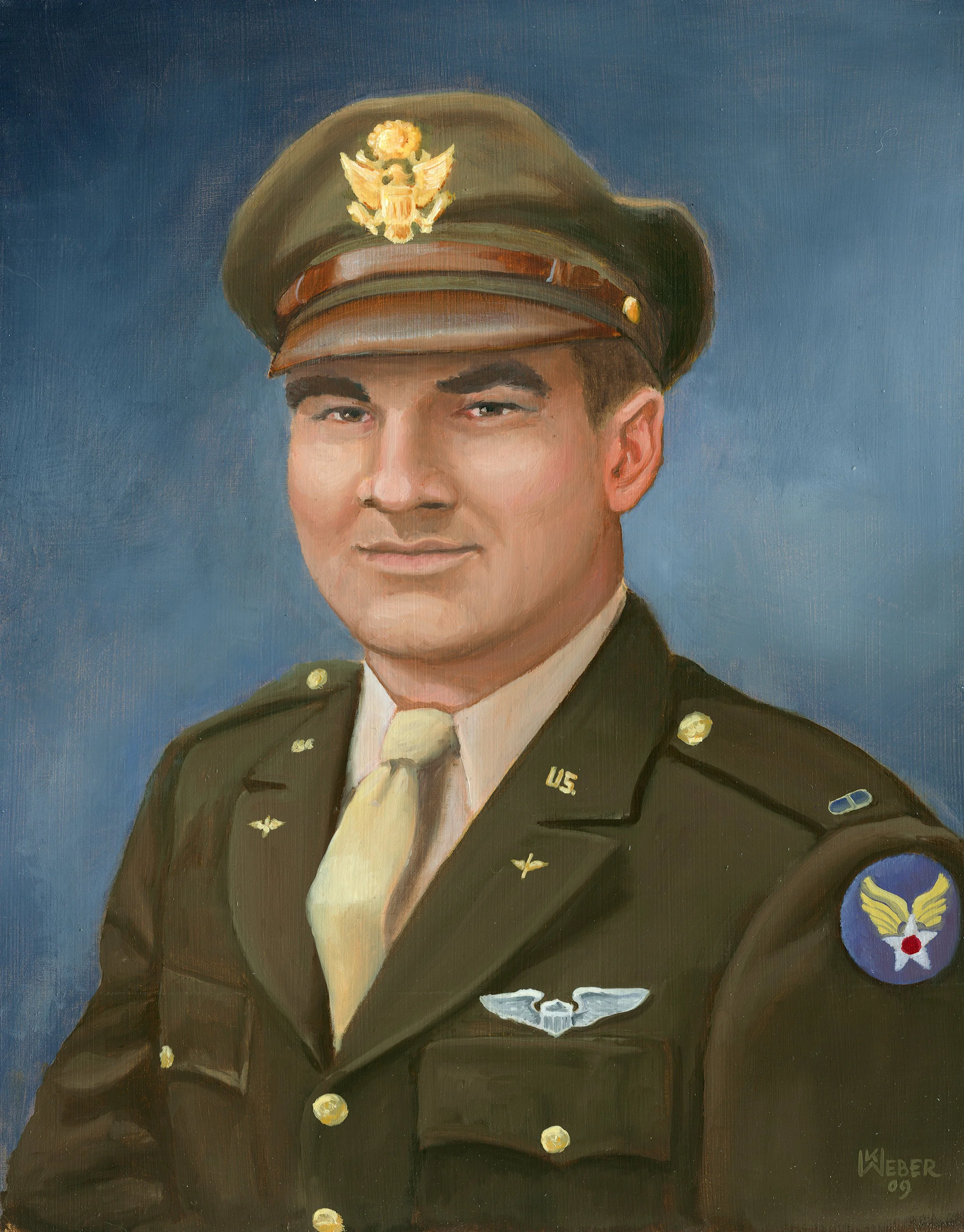 Painting of a young male U.S. Air Force officer in uniform with a hat, military insignia, and wings badge, against a blue background.