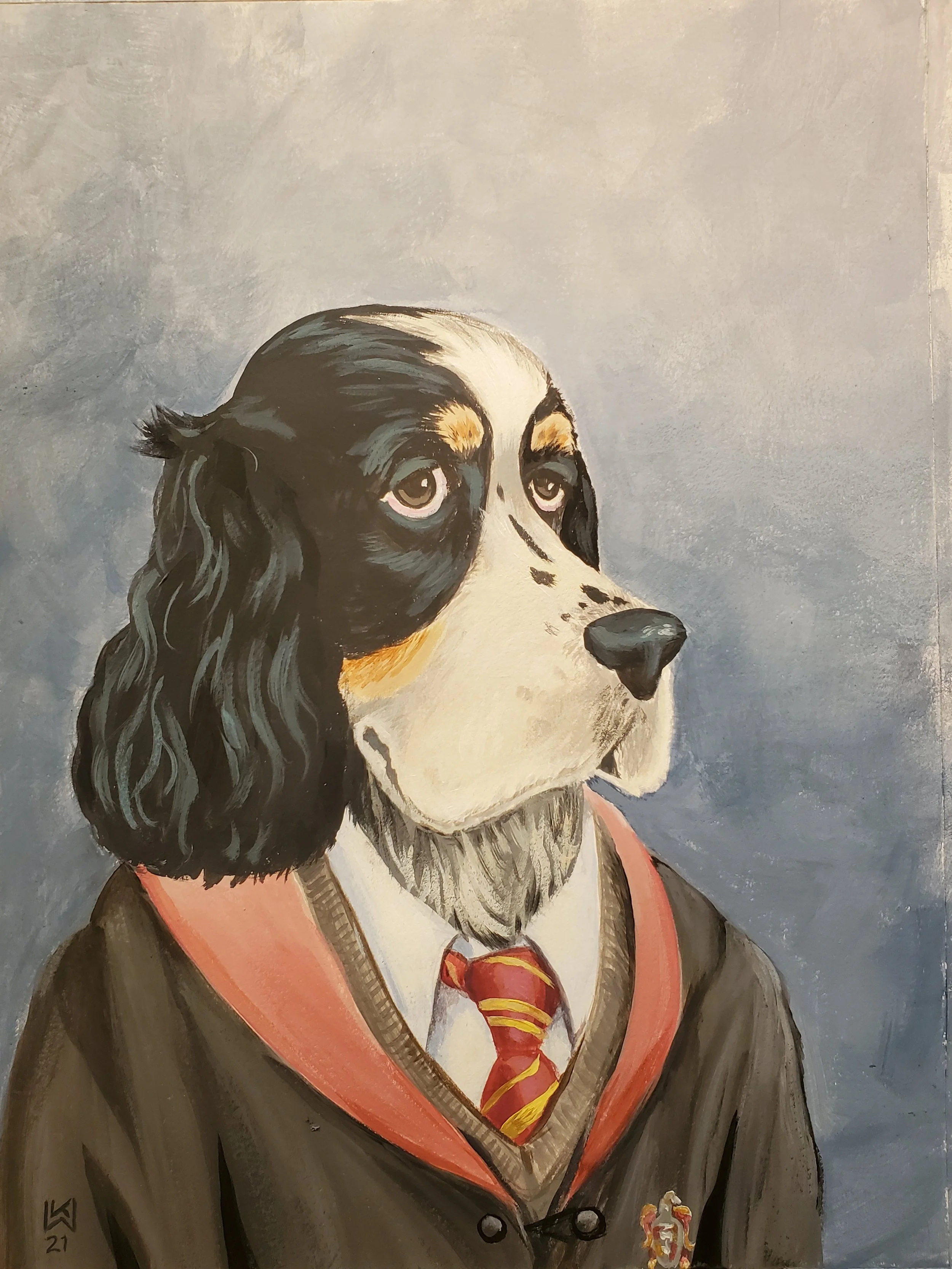 Painting of a dog with black and white fur, dressed in a Harry Potter-style robe with a red and yellow tie, against a gray background.