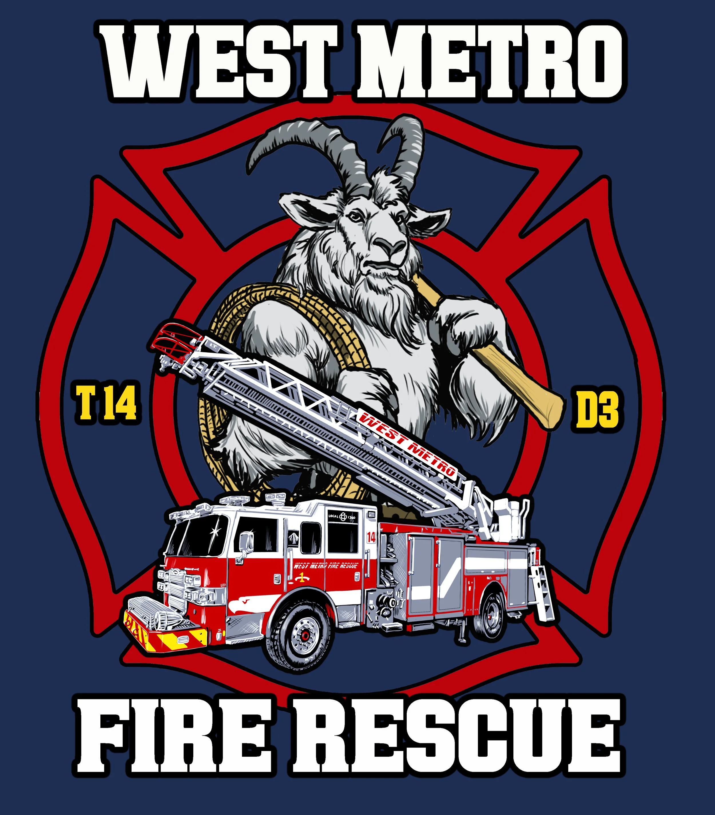 Graphic of a firefighter emblem with a goat holding an axe, a fire truck, and the text 'West Metro Fire Rescue' and station identifiers T14 and D3.