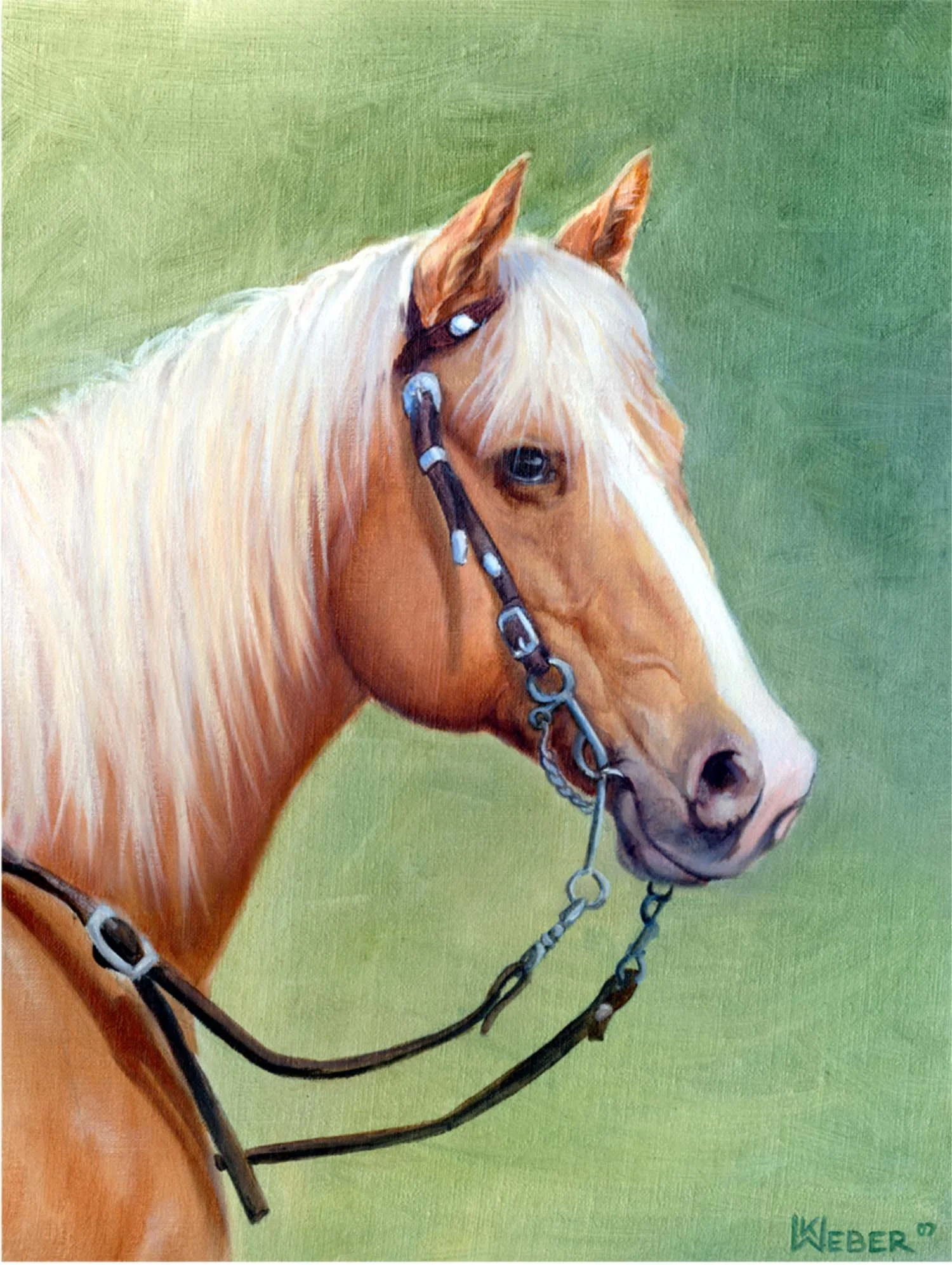 Painting of a light brown horse with a white mane wearing a black bridle, set against a green background.