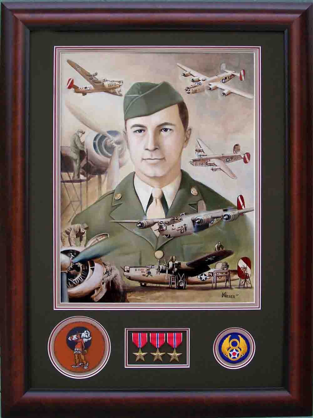 A framed American military-themed artwork featuring a male soldier in uniform with various aircraft, including jets and propeller planes, in the background. The frame includes three medals at the bottom and military insignias on either side.