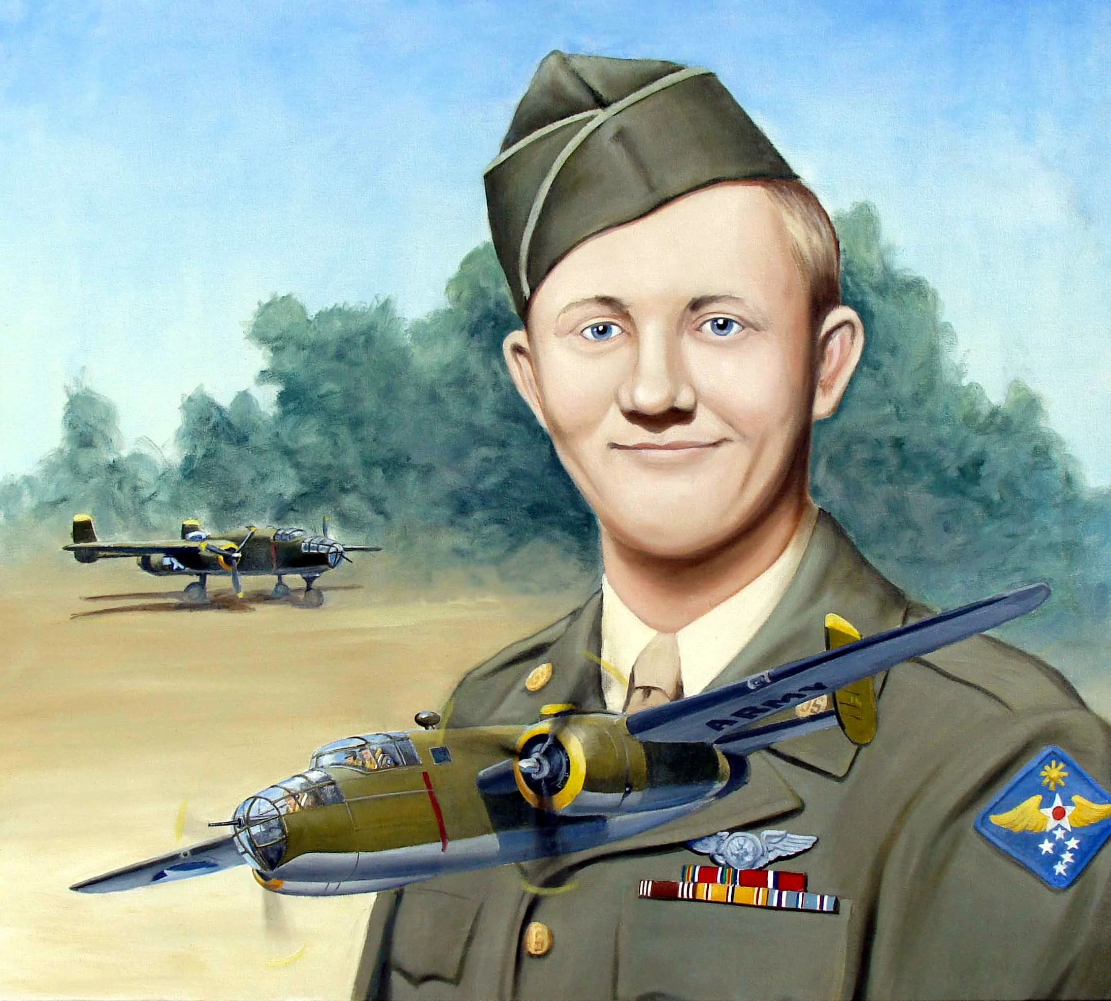 A portrait of a young man in a military uniform with four flying aircrafts in the background, one of which is on his shoulder, set outdoors with trees in the distance.