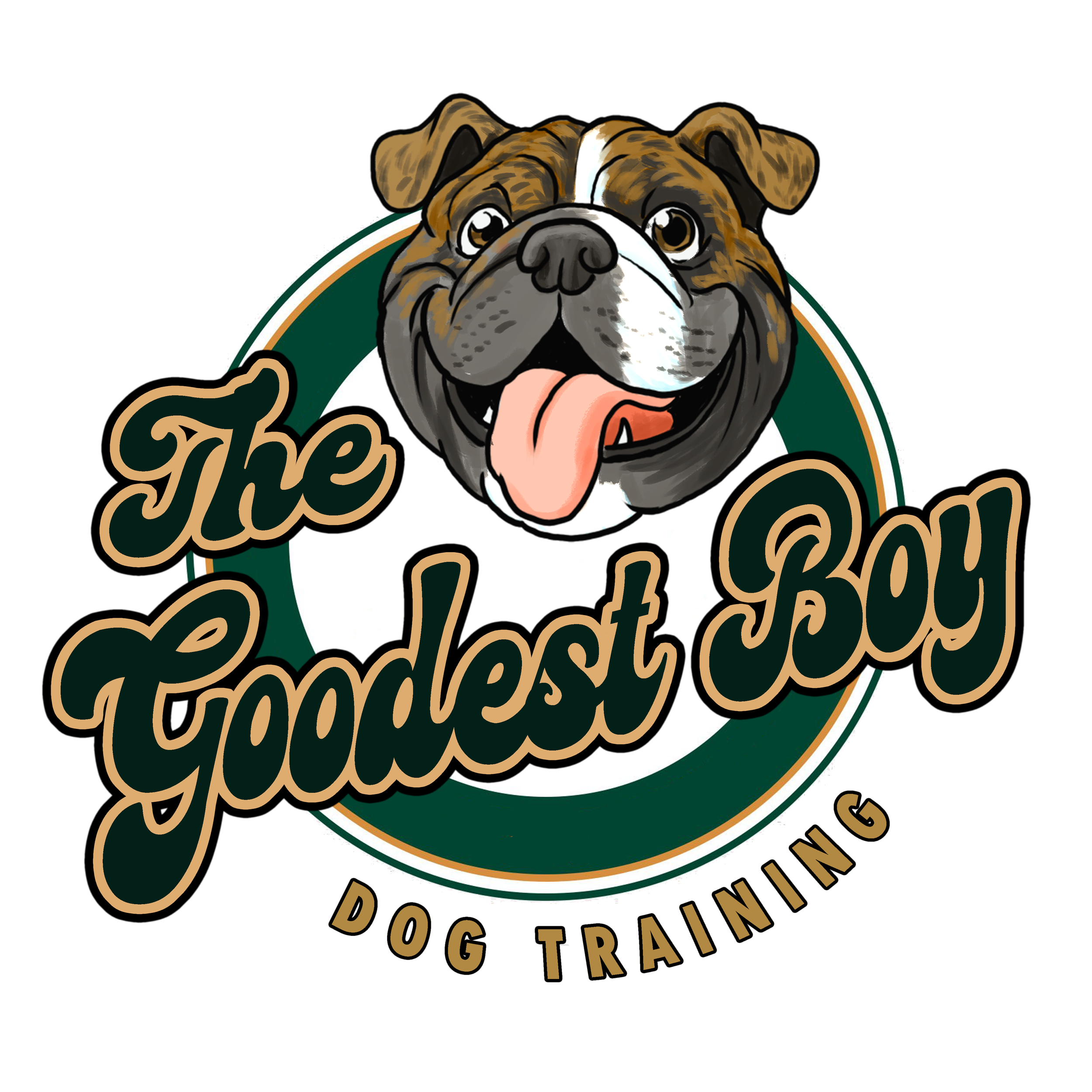 Logo for 'The Goodest Boy Dog Training' featuring a cartoon bulldog with its tongue out, inside a green and white circular background, with the text 'The Goodest Boy' in stylized font and 'Dog Training' at the bottom.