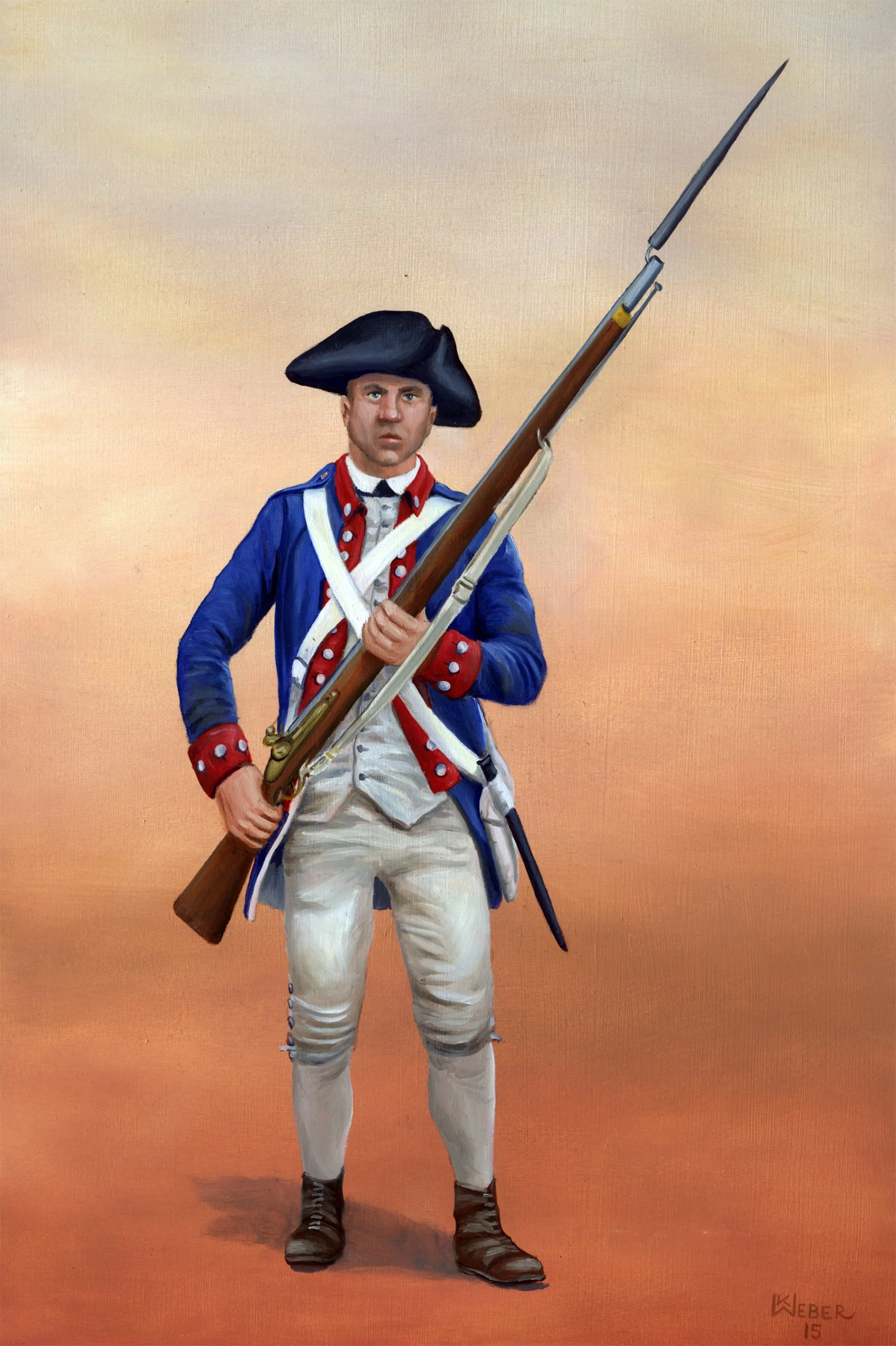 Painting of a soldier dressed in a blue coat with red and white accents, wearing a black tricorn hat, holding a long rifle, against a warm, gradient background.