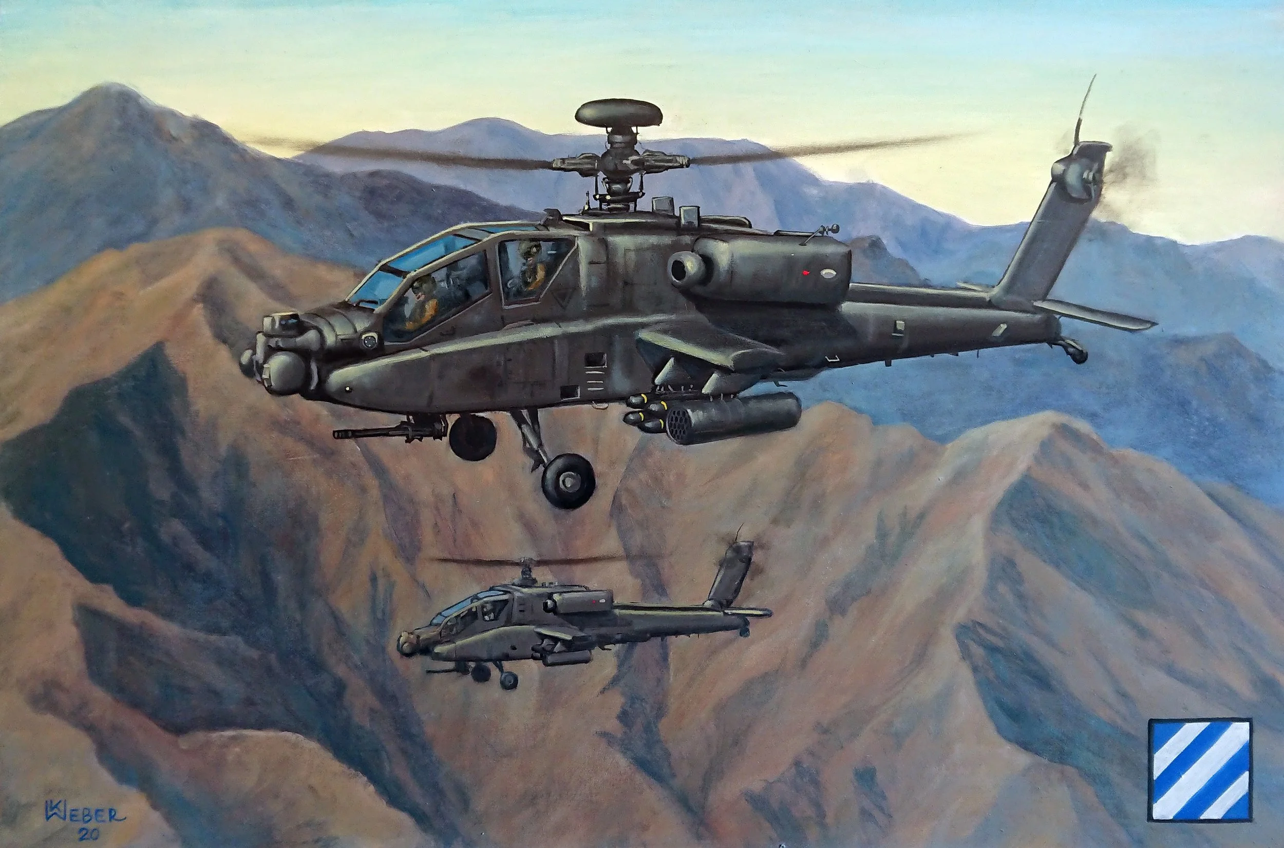 Painting of two military helicopters flying over mountain ranges, one larger and one smaller, with a blue and white striped symbol in the bottom right corner.