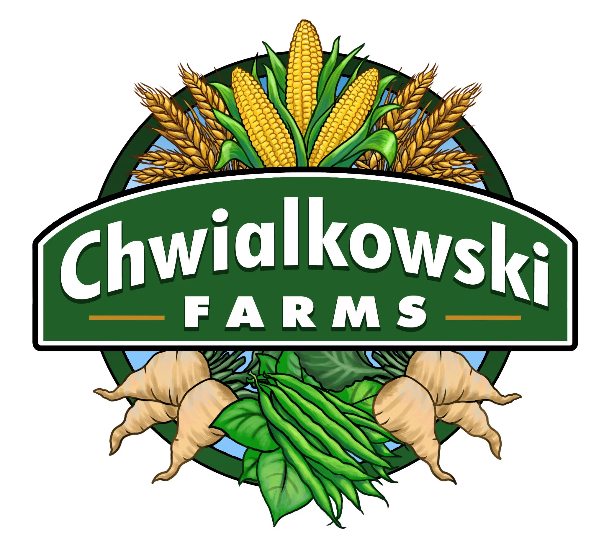 Logo for Chwialkowski Farms featuring corn, wheat, ginger, and green beans arranged around the farm name in green and white text.