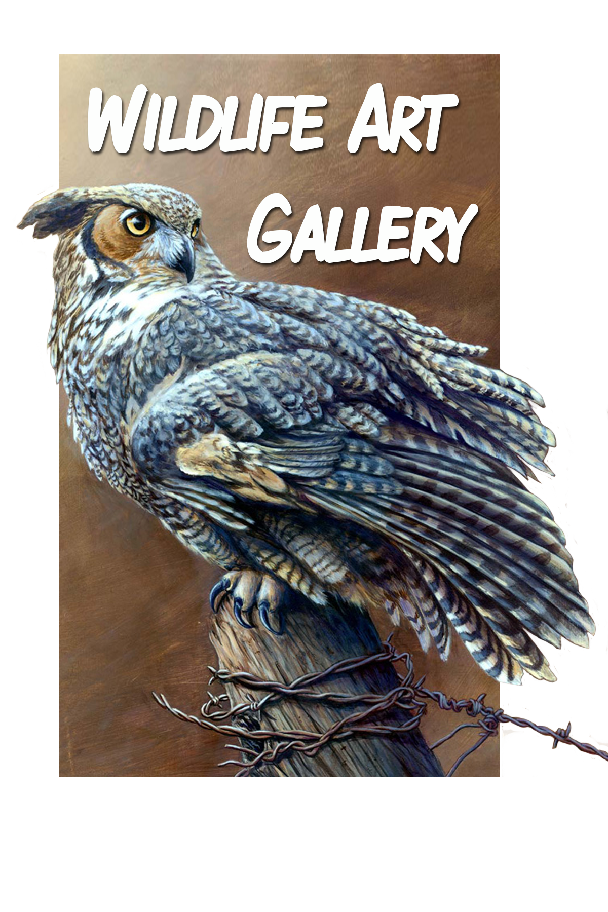 Artwork of a hawk perched on a wooden post wrapped with barbed wire, with the text 'Wildlife Art Gallery' at the top