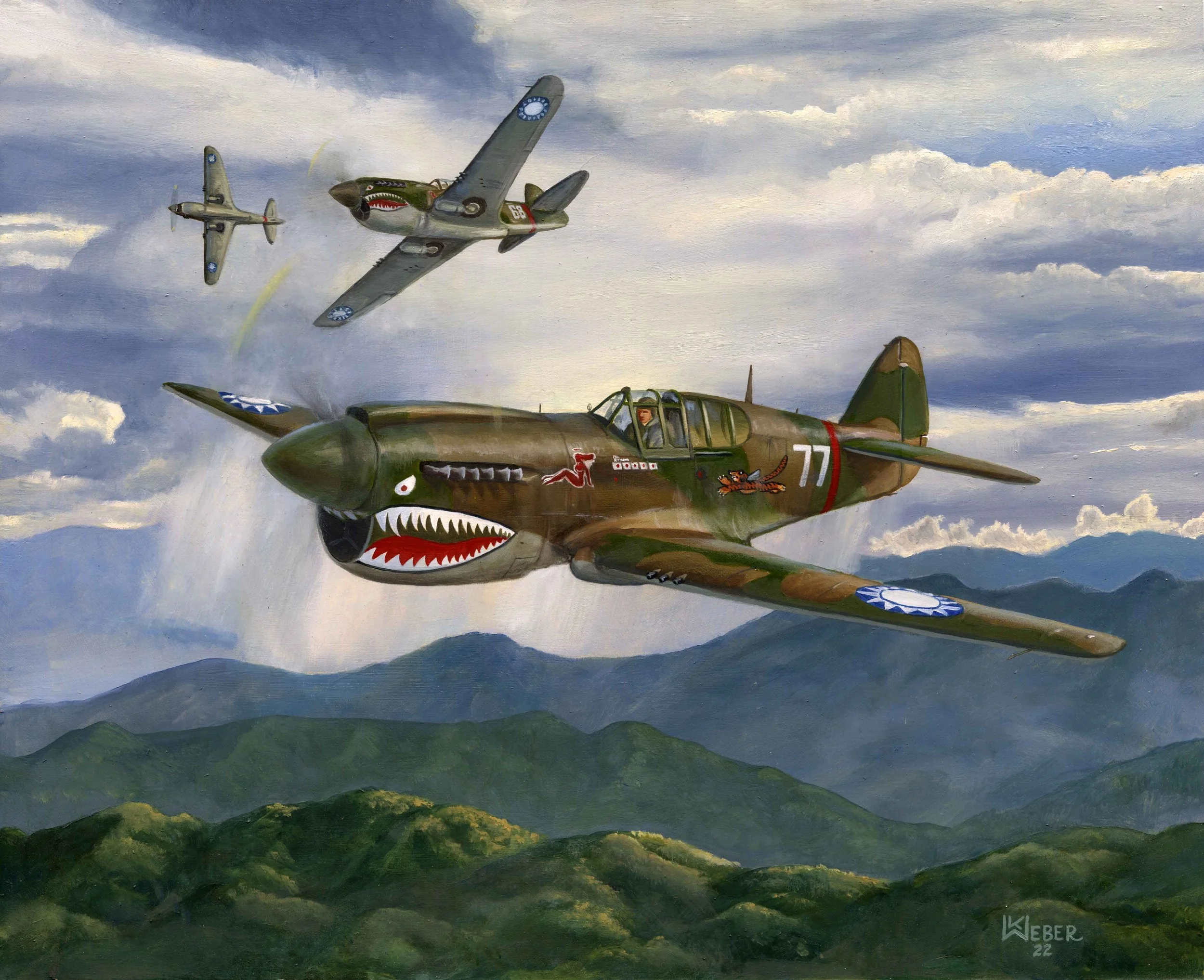 Painting of three fighter planes flying over green mountains on a cloudy sky. The front plane is painted with a shark mouth and military markings, and the other planes are in formation behind it.