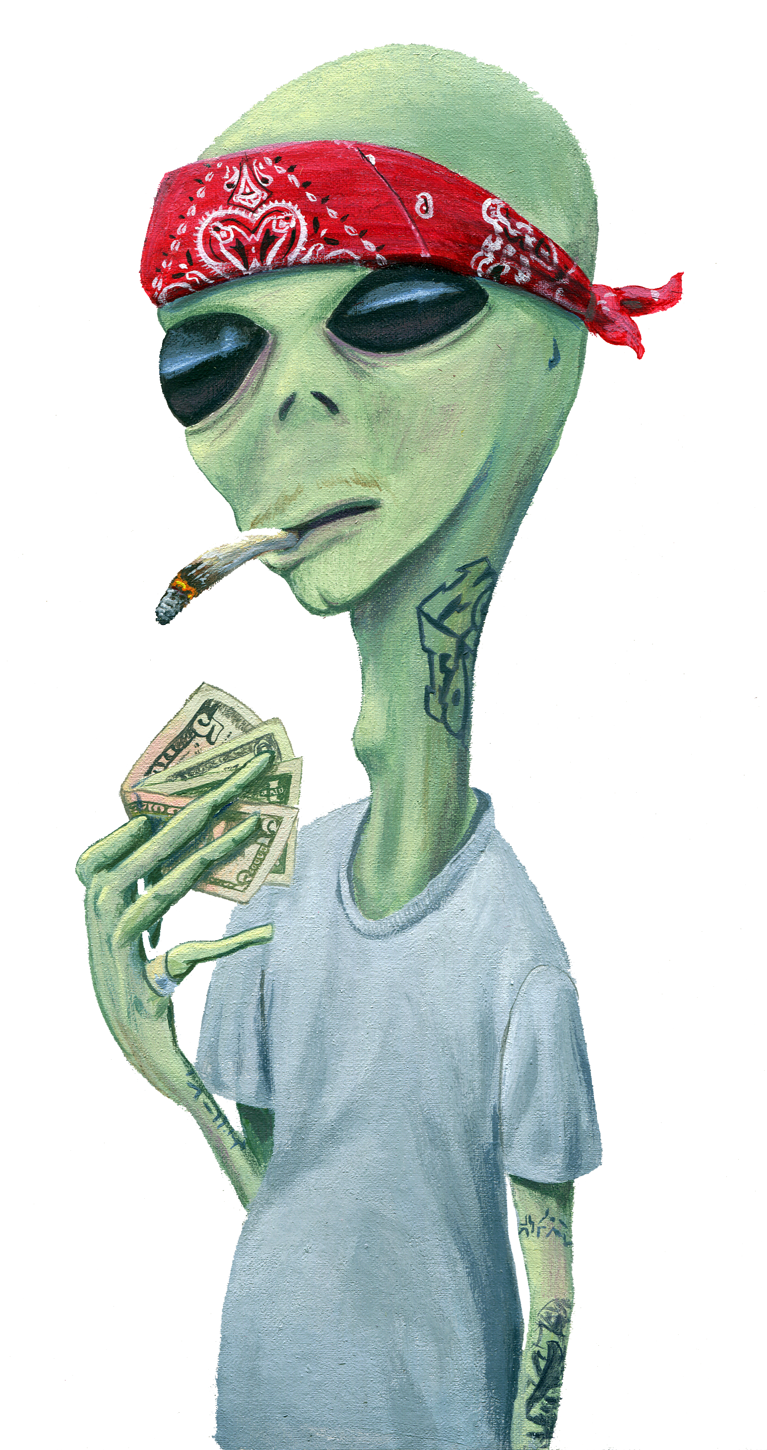 A cartoon alien with green skin, wearing a red bandana over the eyes, a gray T-shirt, sunglasses, and tattoos, smoking a cigarette, and holding a fan of dollar bills.