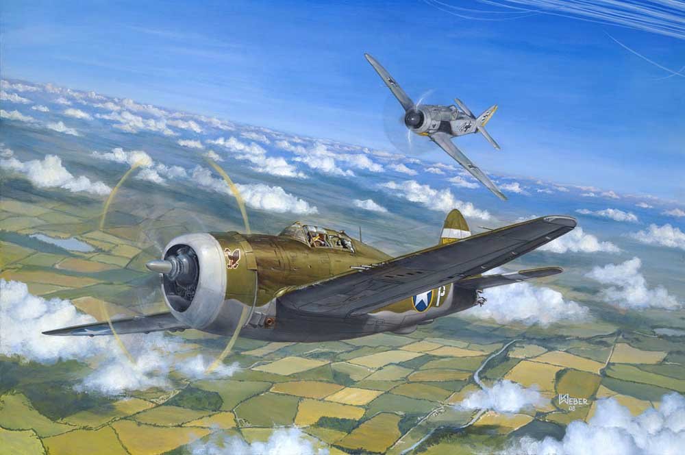 A World War II-era fighter plane flying above farmland with a second plane in the background.