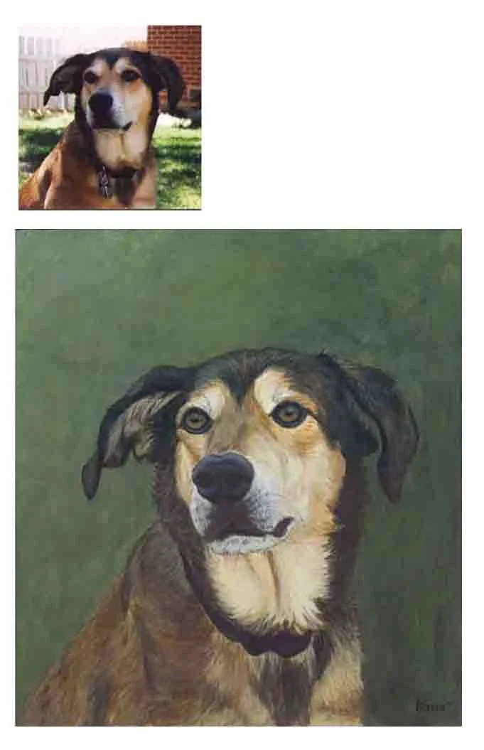A photograph and an artwork of a mixed-breed dog with tan and black fur, one ear flopped down, and a collar. The artwork portrays the dog with expressive eyes and a serious expression against a green background.