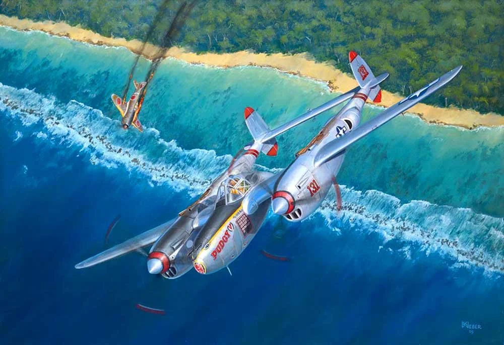 An animated aircraft flying over the water with a person parachuting from it, near a beach with trees in the background.