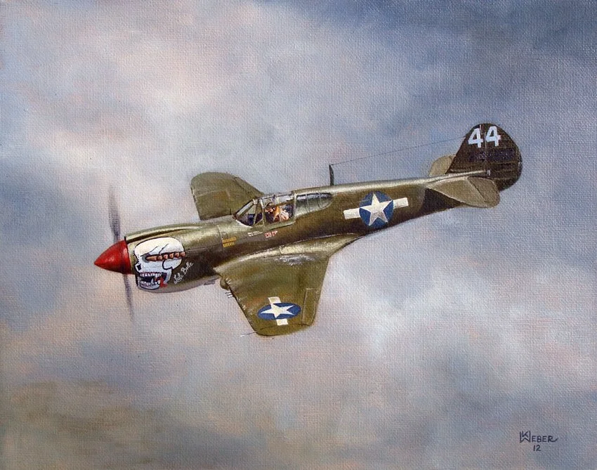 Painting of a World War II fighter plane, painted in olive green with a skull and flames on the nose, flying through a cloudy sky.