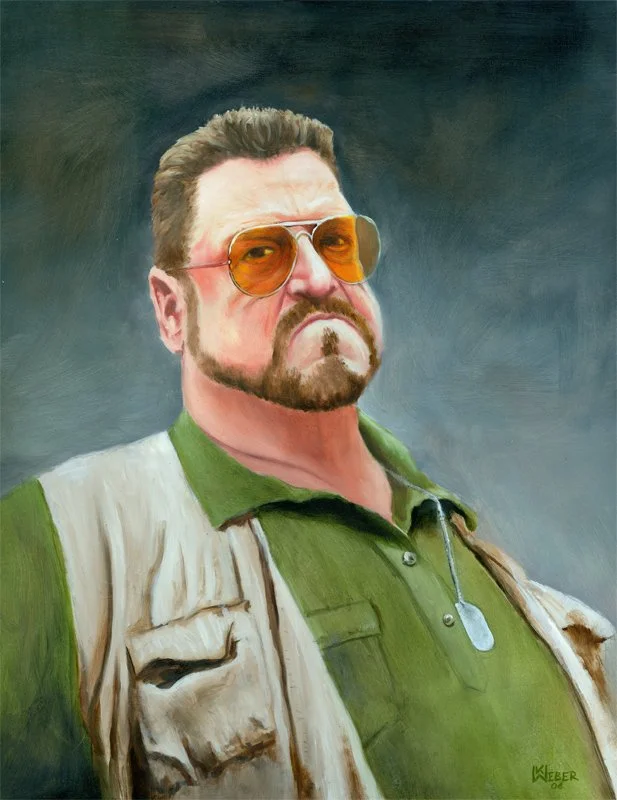 A painting of a man with a stern expression, wearing orange-tinted sunglasses, a green collared shirt, and a beige vest with multiple pockets, against a dark background.