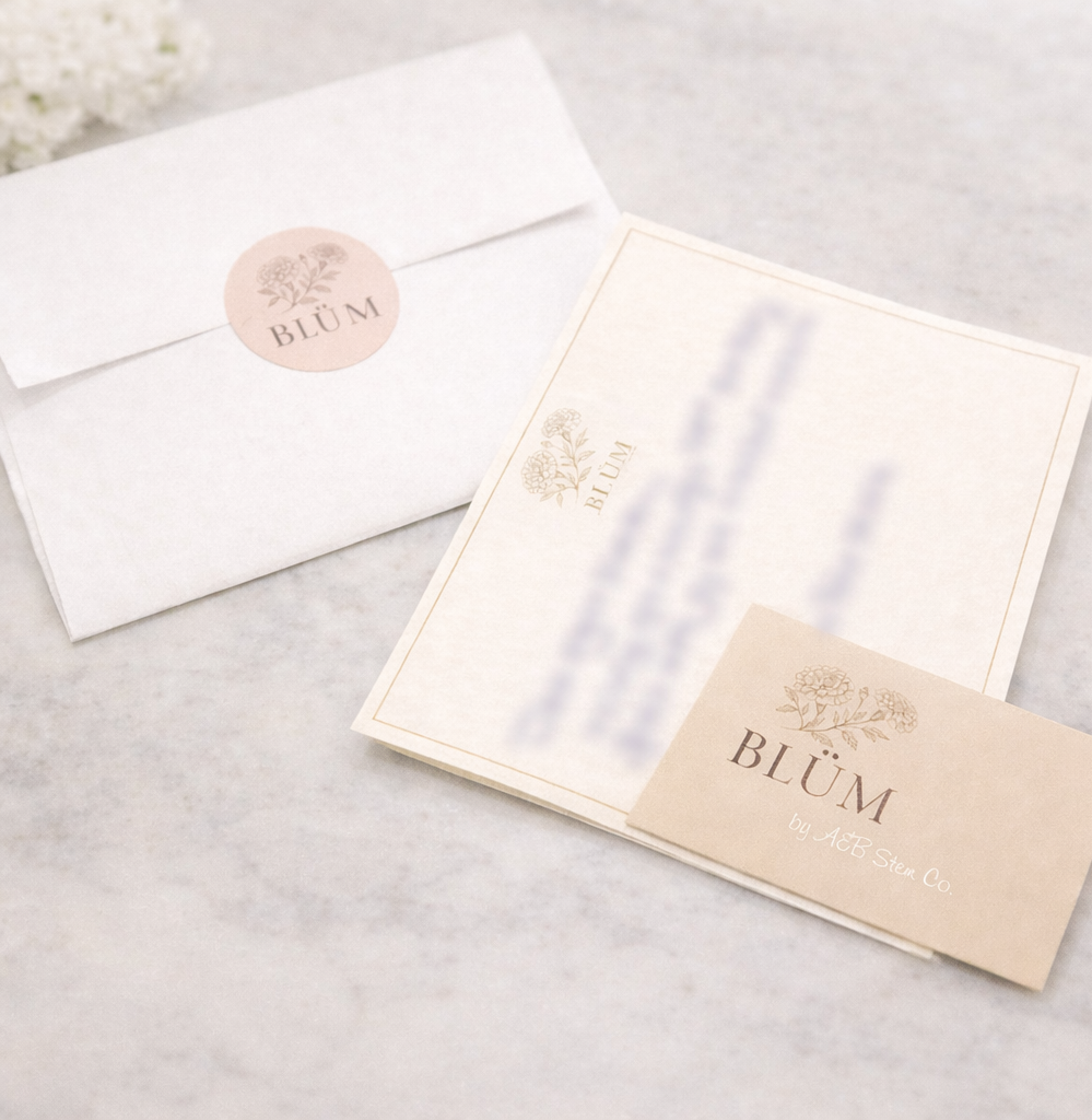 A white envelope with a pink sticker that has a floral design and the word 'BLÜM' on it. Next to it is an open greeting card or letter with the same floral design and 'BLÜM' printed on it, along with additional text.