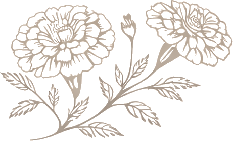 Outline of a floral design with two large flowers, leaves, and a small bud.