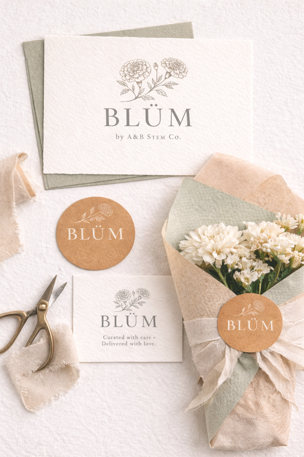 Flat lay of floral packaging materials and branding items for a company named B"LÜM" featuring flowers, business cards, tags, and a bouquet of white flowers.