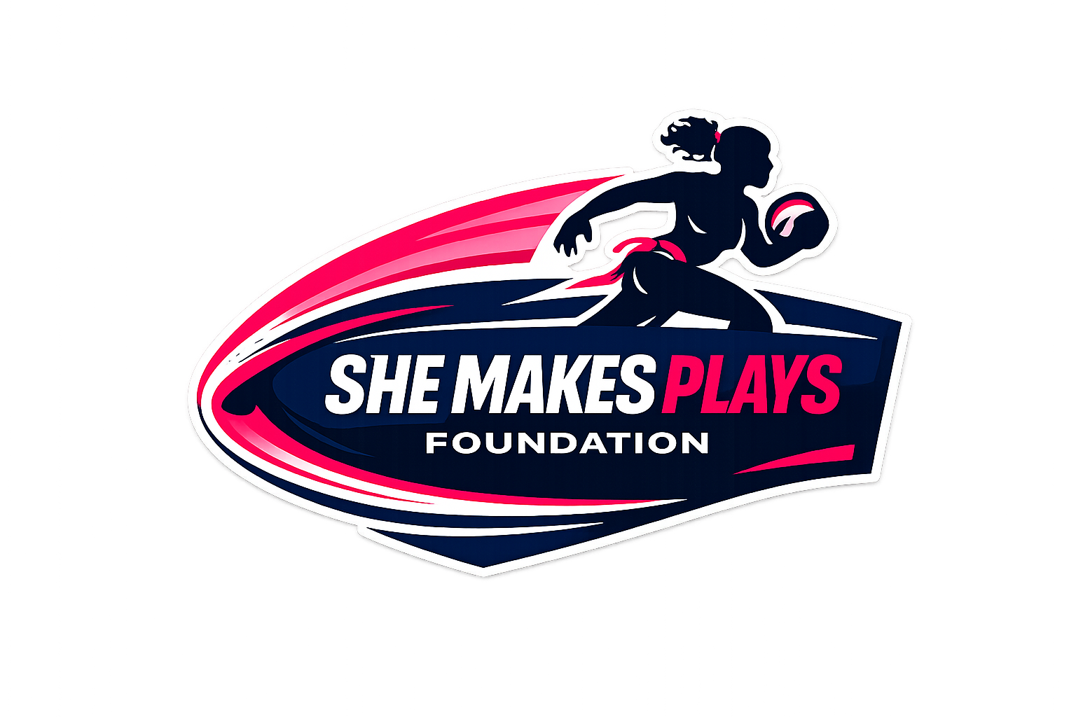 Logo of the She Makes Plays Foundation, featuring a stylized female athlete with a ponytail holding a ball, with red and pink swooshes, and text in bold white and pink letters.