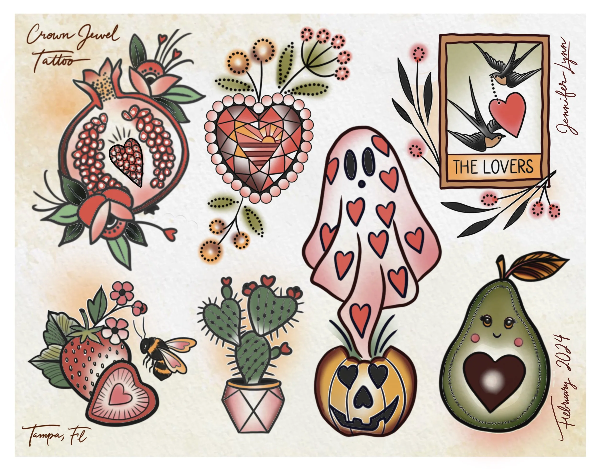 Traditional heart themed tattoo flash sheet by Jennifer Lynn at Crown Jewel Tattoo in Tampa Florida. Designs from this sheet are available to be tattooed.