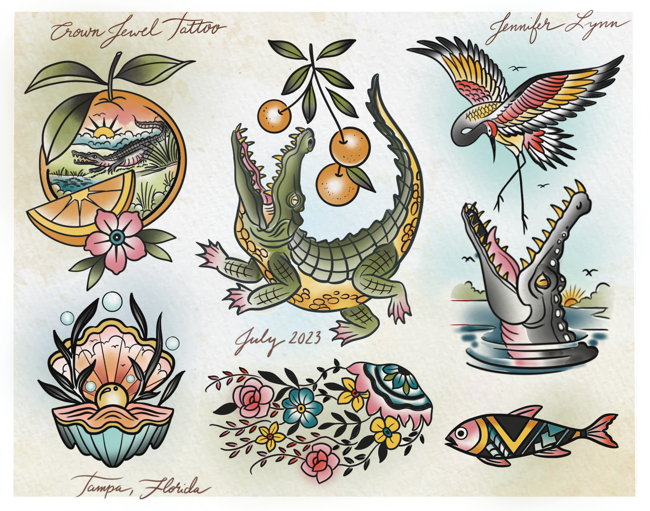 Traditional florida themed tattoo flash sheet by Jennifer Lynn at Crown Jewel Tattoo in Tampa Florida. Designs from this sheet are available to be tattooed.