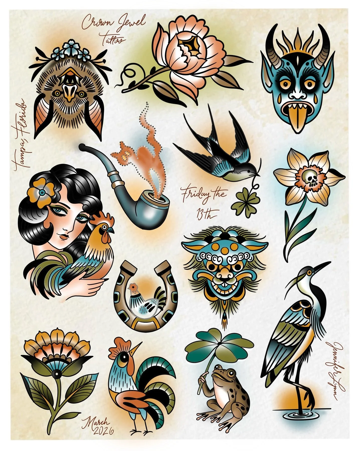 Friday the 13th Flash 🖤 
Now booking appointment only for March 13-15 @crownjeweltattoo 
Two sizes available in your choice of color or black and gray, $100-$130, 3-5&rdquo; 
This time, we are celebrating my shop turning 6 years old with Ybor inspir