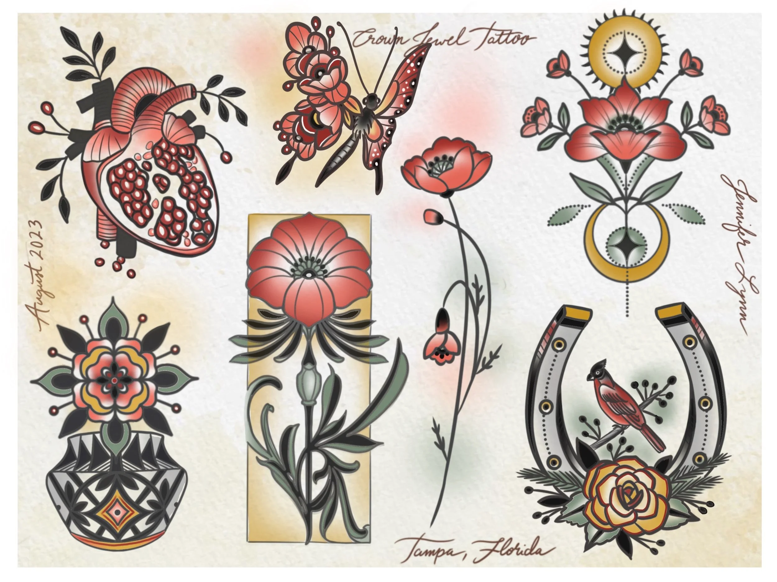 Traditional floral tattoo flash sheet by Jennifer Lynn at Crown Jewel Tattoo in Tampa Florida. Designs from this sheet are available to be tattooed.