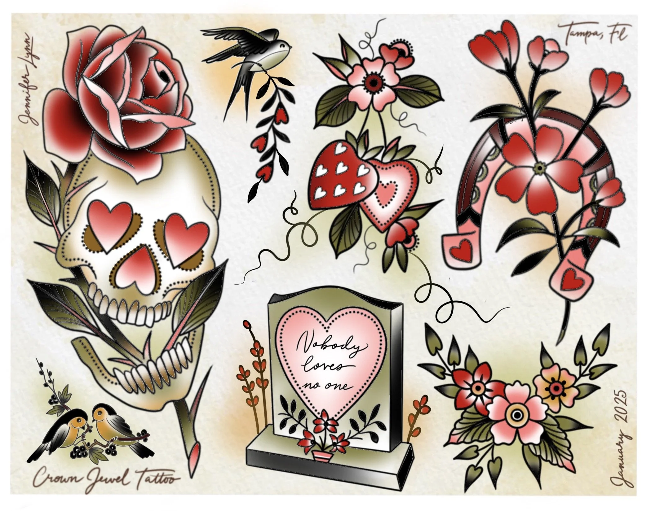 Traditional skull Valentine’s Day tattoo flash sheet by Jennifer Lynn at Crown Jewel Tattoo in Tampa Florida. Designs from this sheet are available to be tattooed.