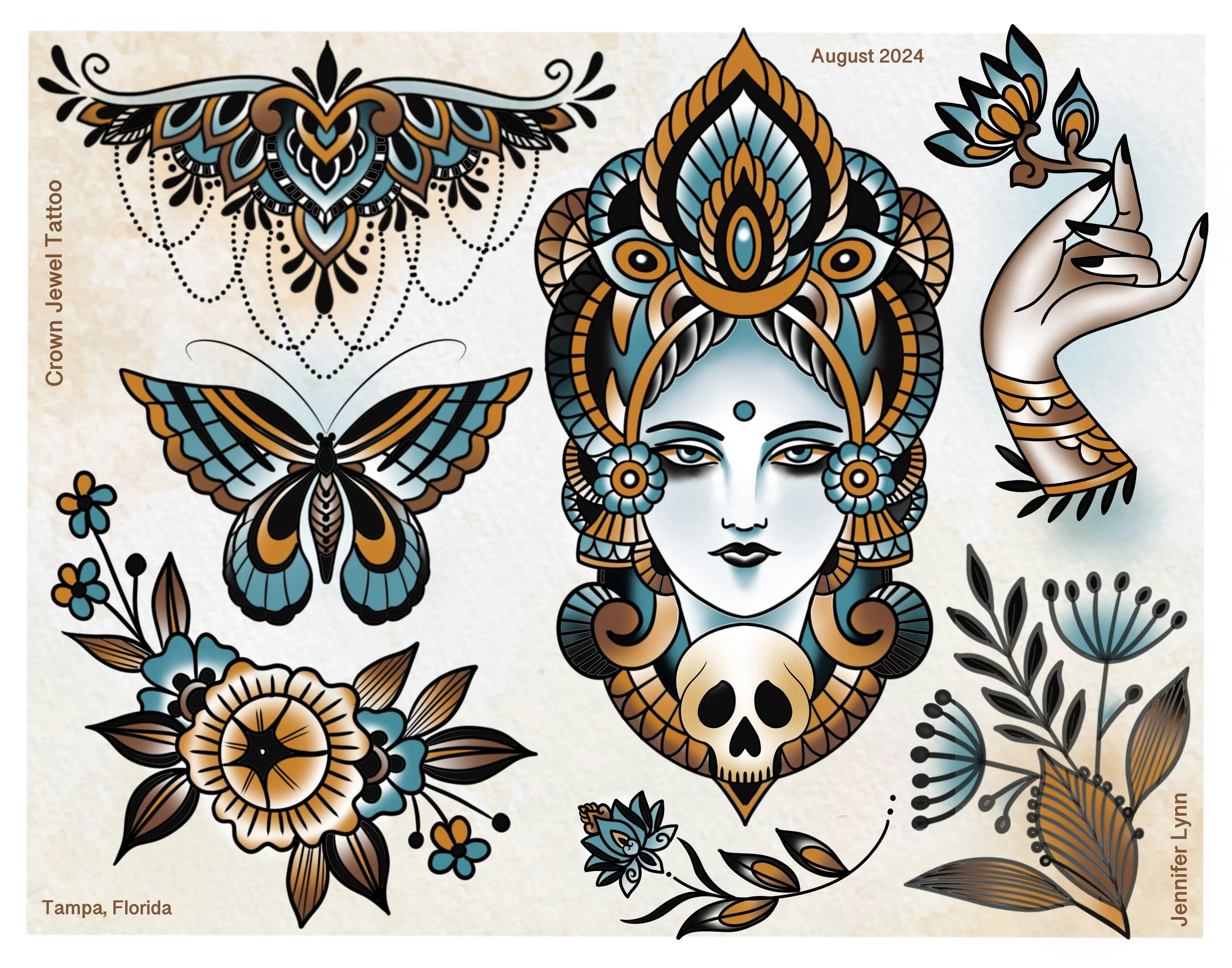 Traditional henna tattoo flash sheet by Jennifer Lynn at Crown Jewel Tattoo in Tampa Florida. Designs from this sheet are available to be tattooed.