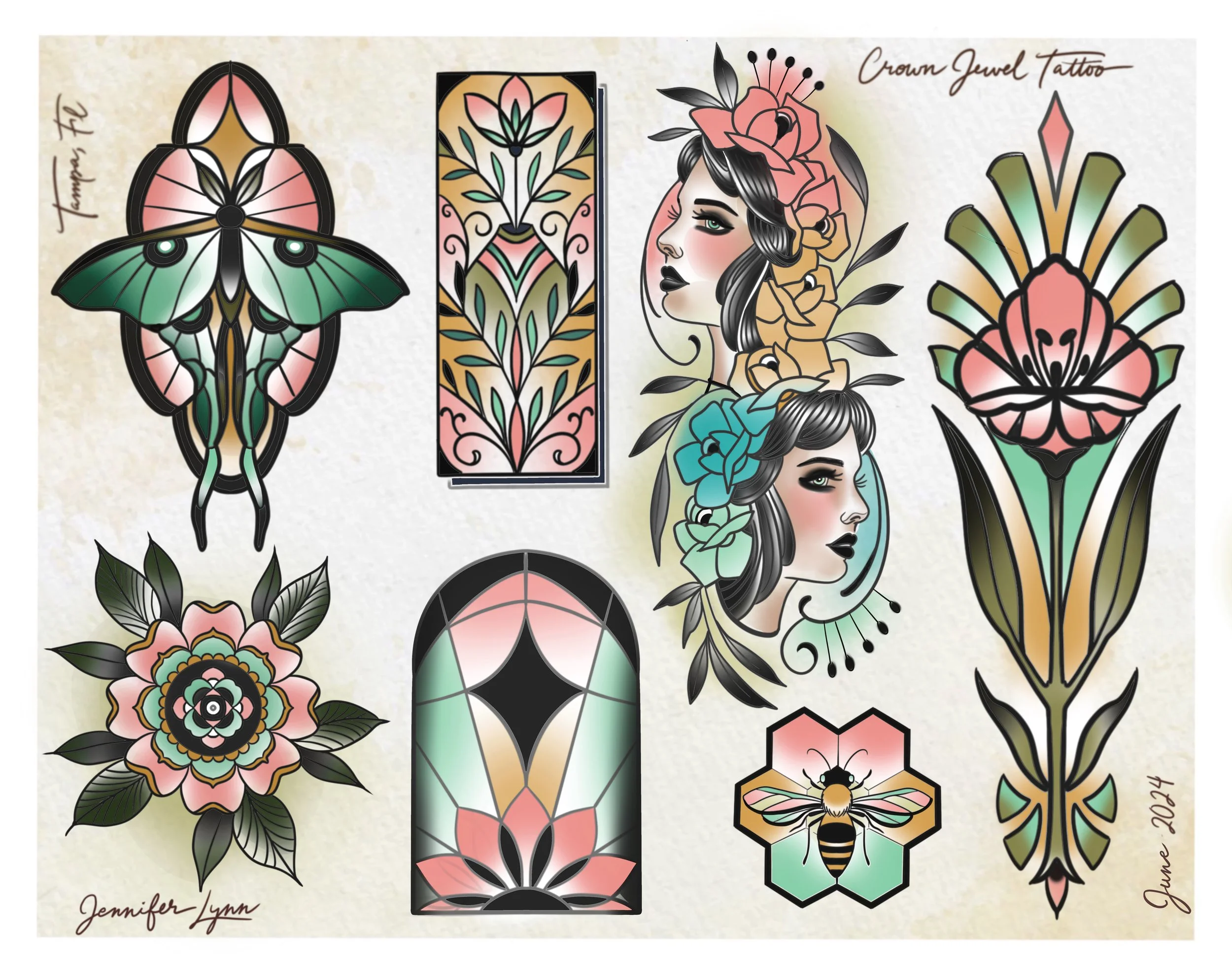 Neo Traditional tattoo flash sheet by Jennifer Lynn at Crown Jewel Tattoo in Tampa Florida. Designs from this sheet are available to be tattooed.