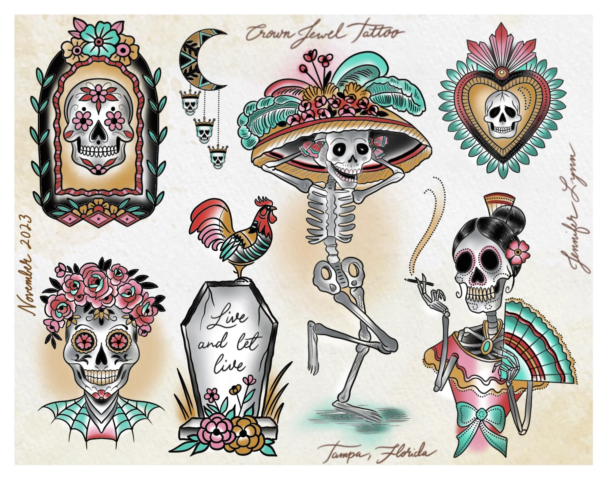Traditional day of the dead tattoo flash sheet by Jennifer Lynn at Crown Jewel Tattoo in Tampa Florida. Designs from this sheet are available to be tattooed.