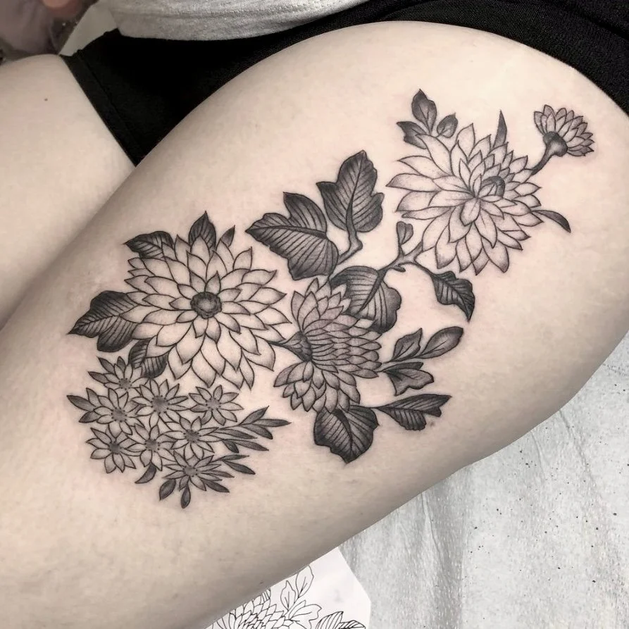 Black and grey floral tattoo by Jennifer Lynn at Crown Jewel Tattoo in Tampa Florida 