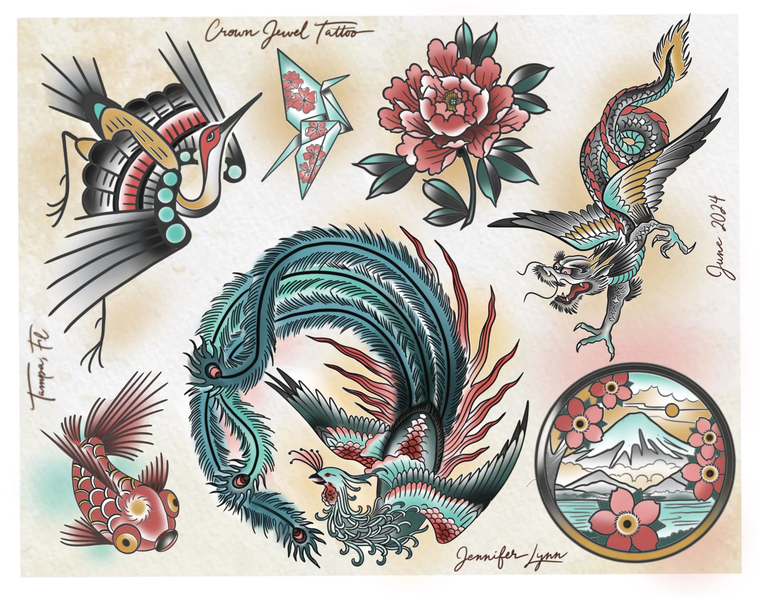 Traditional japanese style tattoo flash sheet by Jennifer Lynn at Crown Jewel Tattoo in Tampa Florida. Designs from this sheet are available to be tattooed.