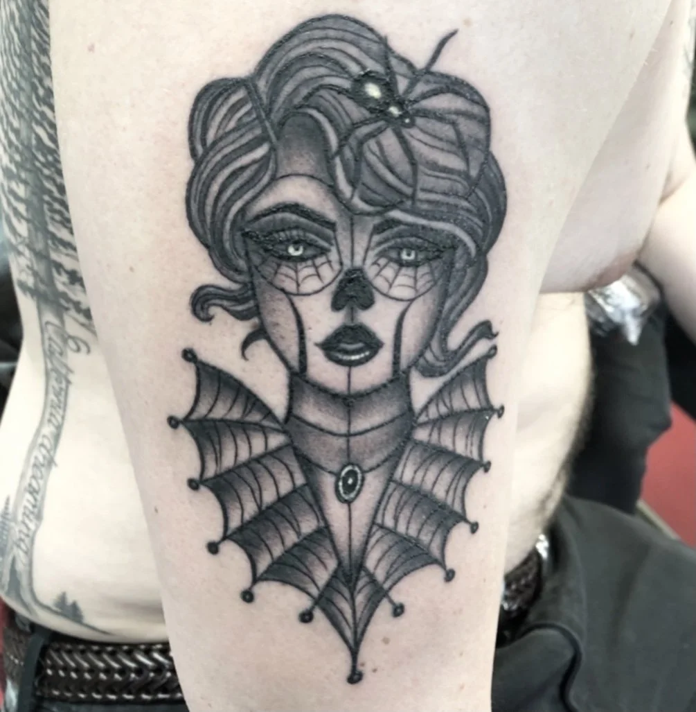 black and grey lady head tattoo by Jennifer Lynn at Crown Jewel Tattoo in Tampa Florida 