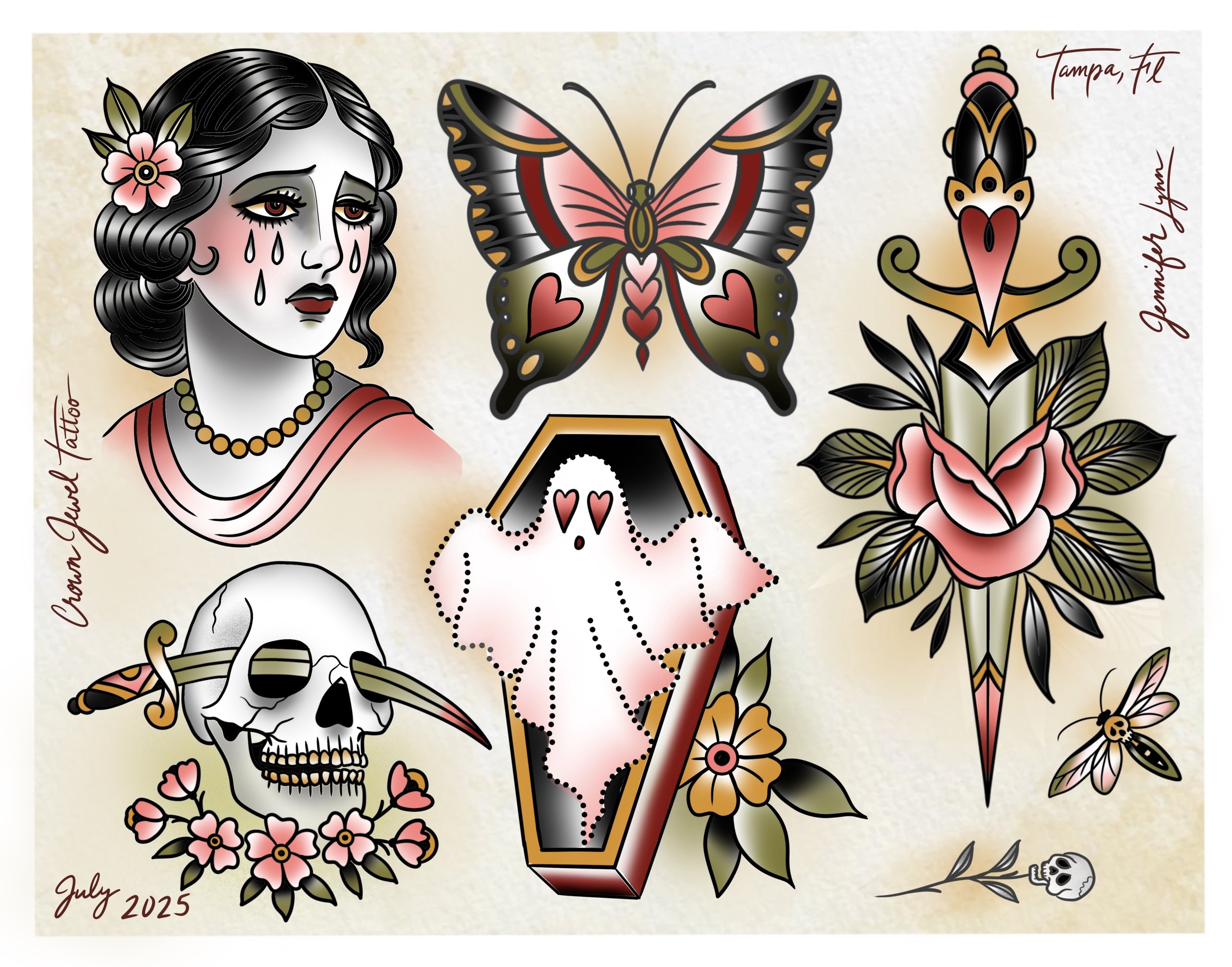 Traditional Halloween tattoo flash sheet by Jennifer Lynn at Crown Jewel Tattoo in Tampa Florida. Designs from this sheet are available to be tattooed.