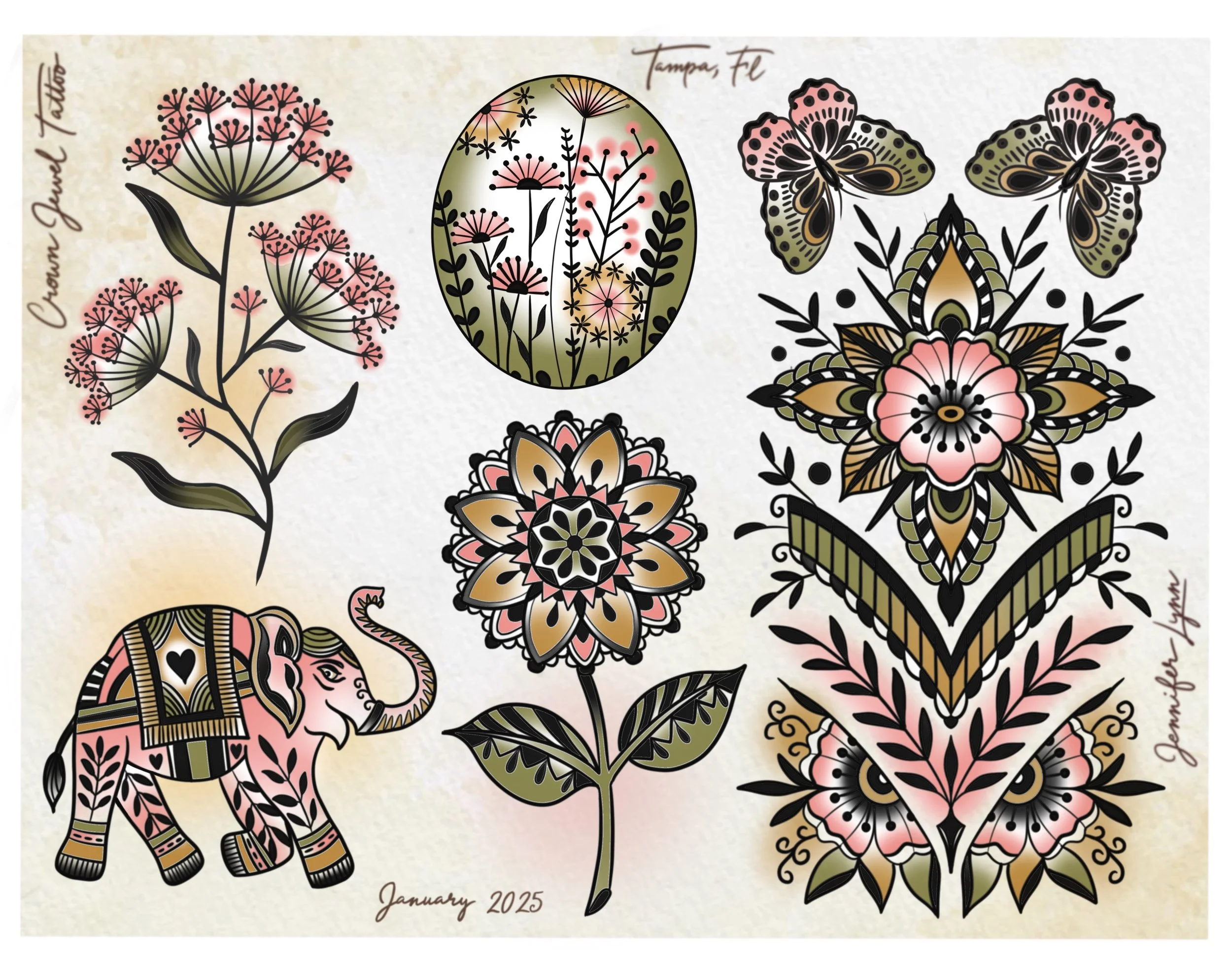 Traditional floral tattoo flash sheet by Jennifer Lynn at Crown Jewel Tattoo in Tampa Florida. Designs from this sheet are available to be tattooed.