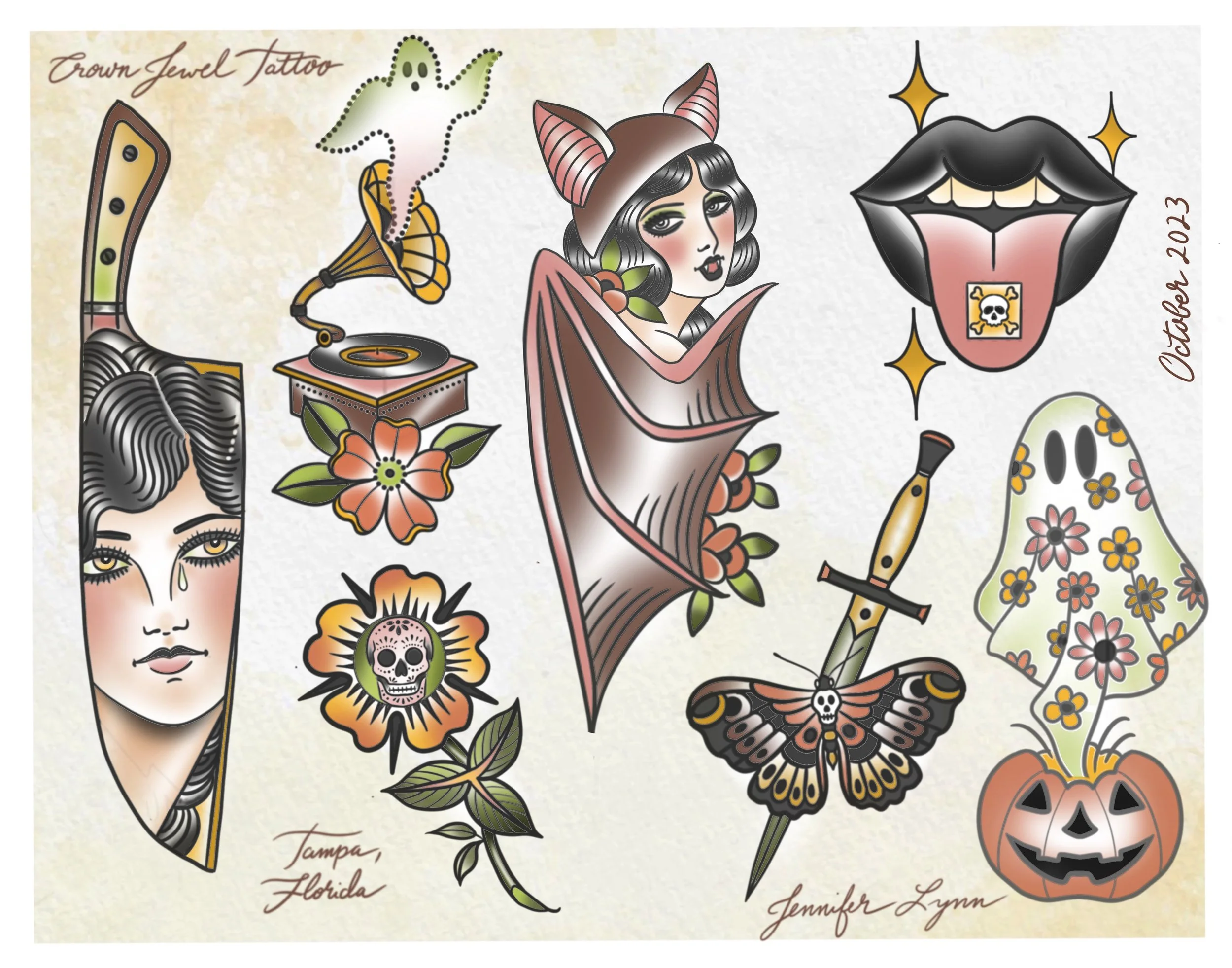 Traditional Halloween tattoo flash sheet by Jennifer Lynn at Crown Jewel Tattoo in Tampa Florida. Designs from this sheet are available to be tattooed.