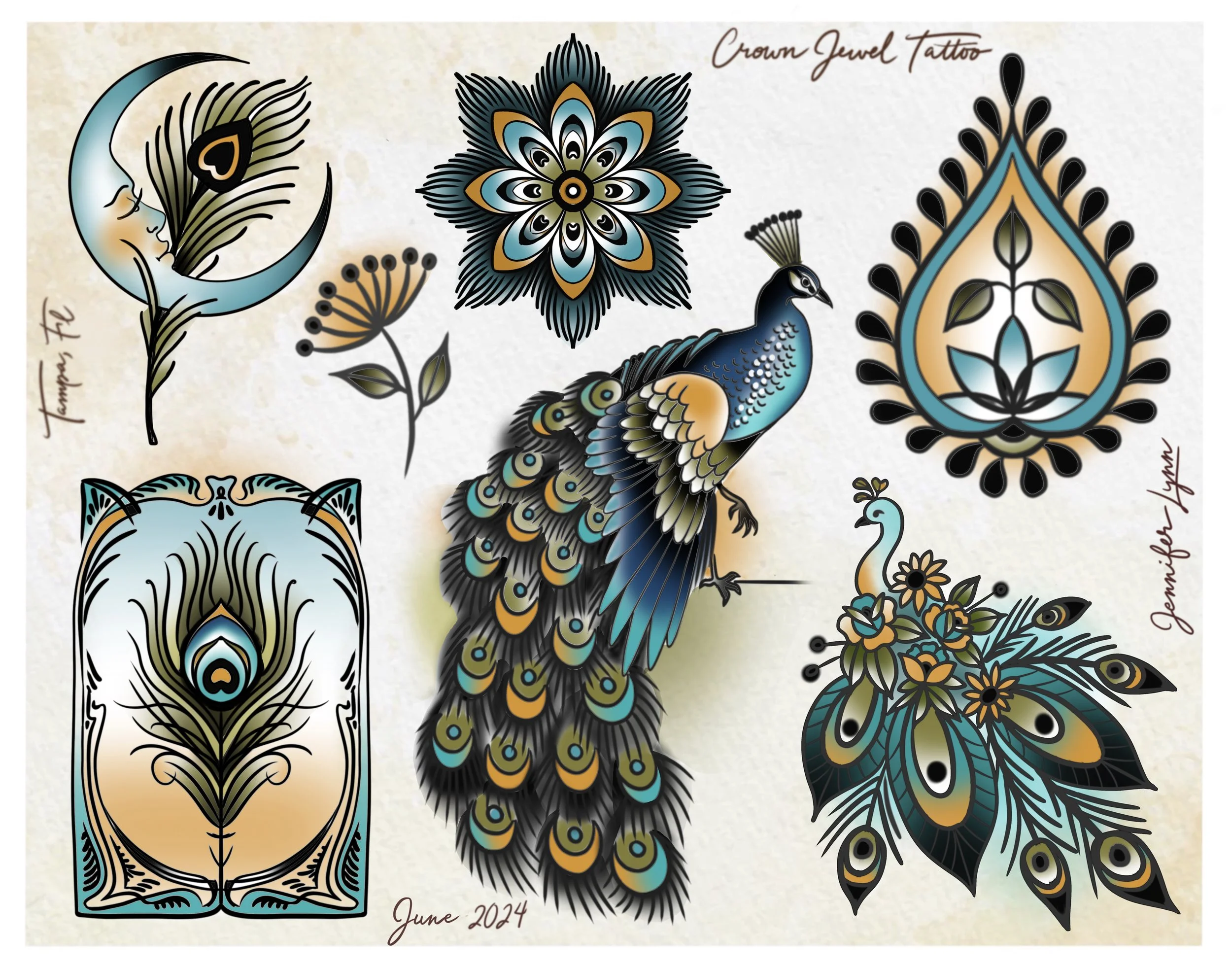 Traditional peacock tattoo flash sheet by Jennifer Lynn at Crown Jewel Tattoo in Tampa Florida. Designs from this sheet are available to be tattooed.