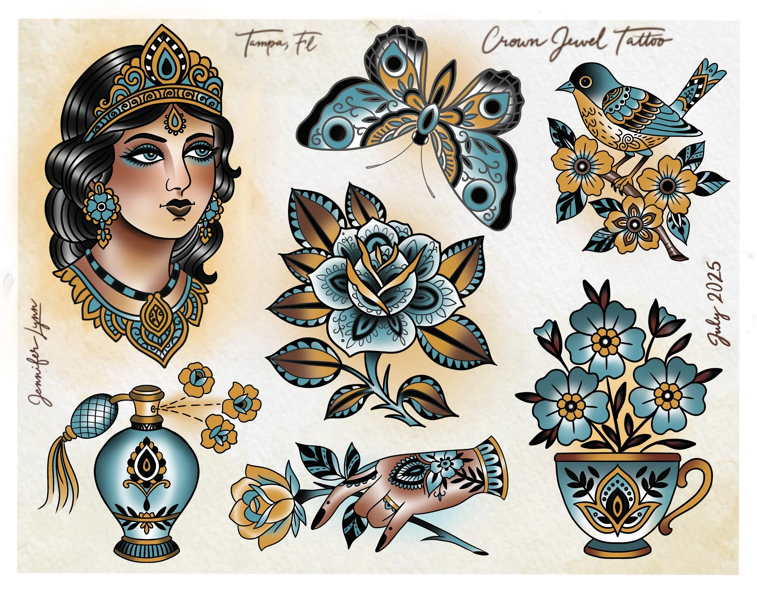 Traditional henna themed tattoo flash sheet by Jennifer Lynn at Crown Jewel Tattoo in Tampa Florida. Designs from this sheet are available to be tattooed.