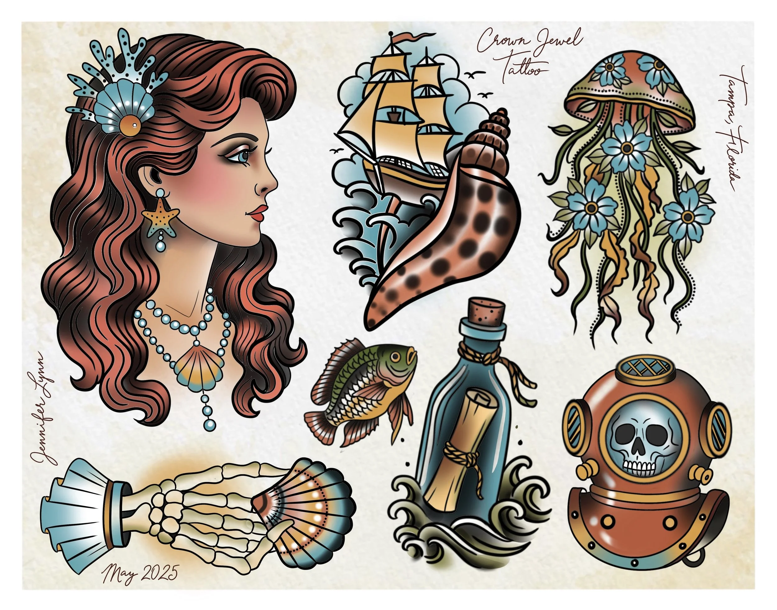 Traditional mermaid tattoo flash sheet by Jennifer Lynn at Crown Jewel Tattoo in Tampa Florida. Designs from this sheet are available to be tattooed.