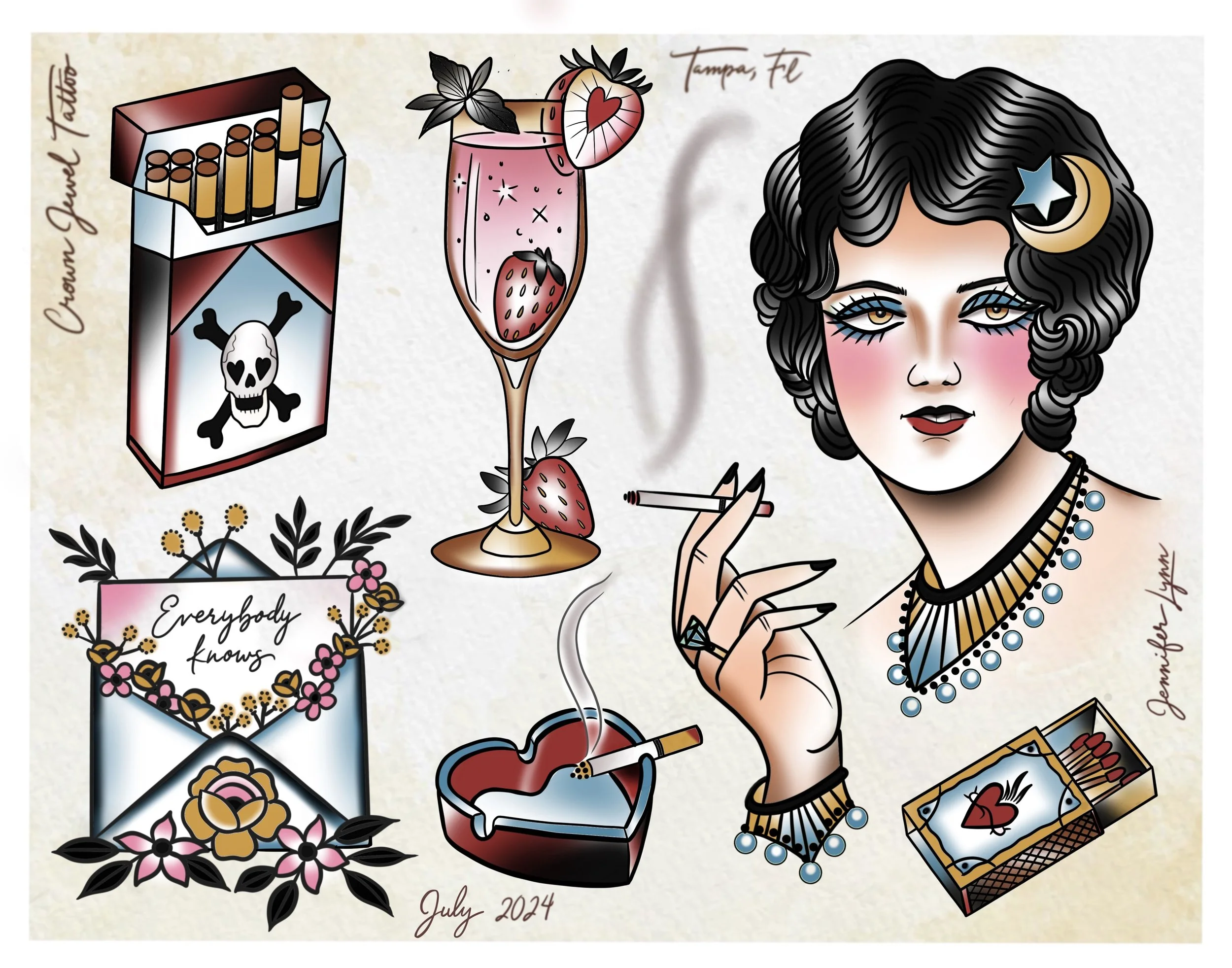 Traditional lady head tattoo flash sheet by Jennifer Lynn at Crown Jewel Tattoo in Tampa Florida. Designs from this sheet are available to be tattooed.