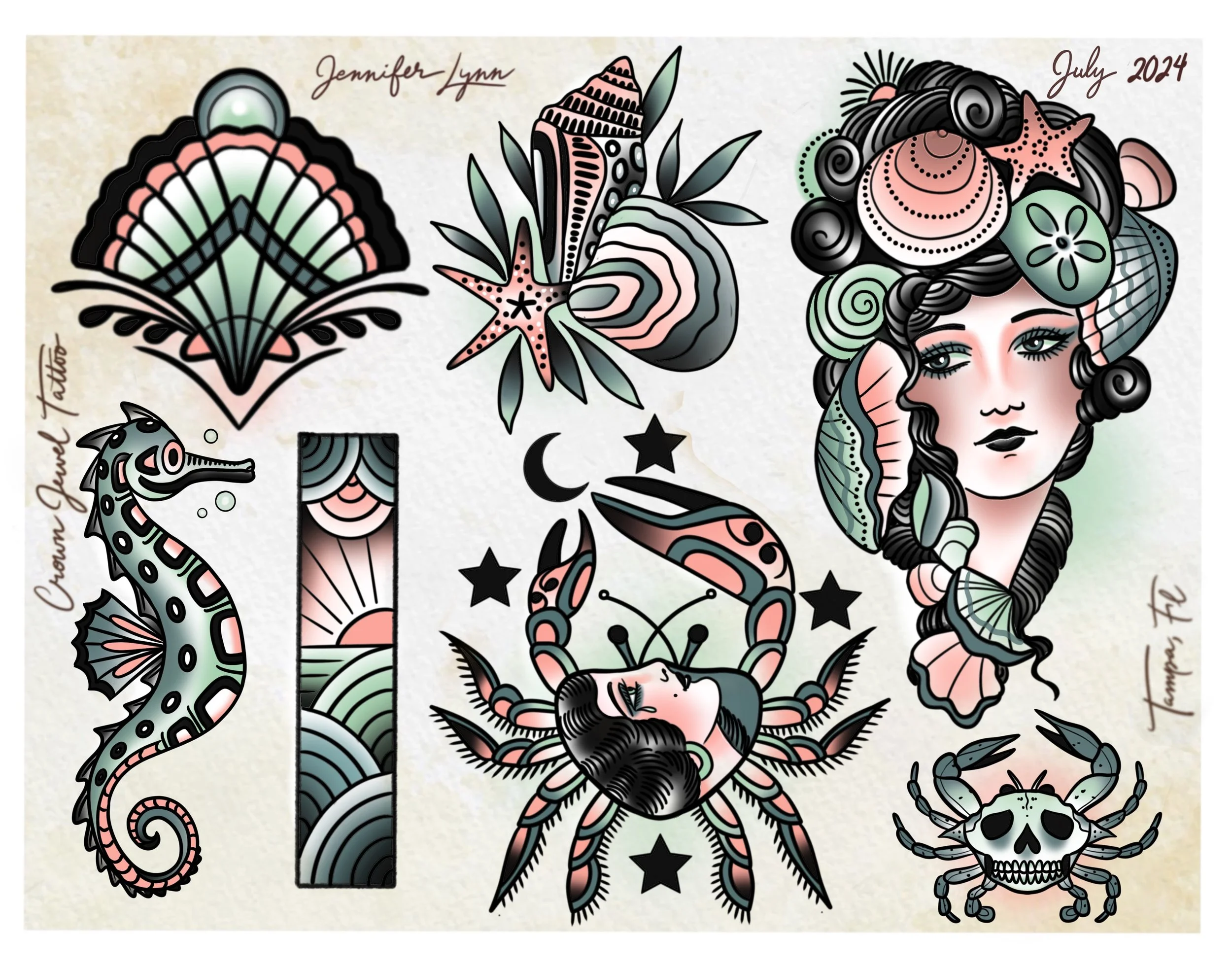 Traditional sea themed  tattoo flash sheet by Jennifer Lynn at Crown Jewel Tattoo in Tampa Florida. Designs from this sheet are available to be tattooed.