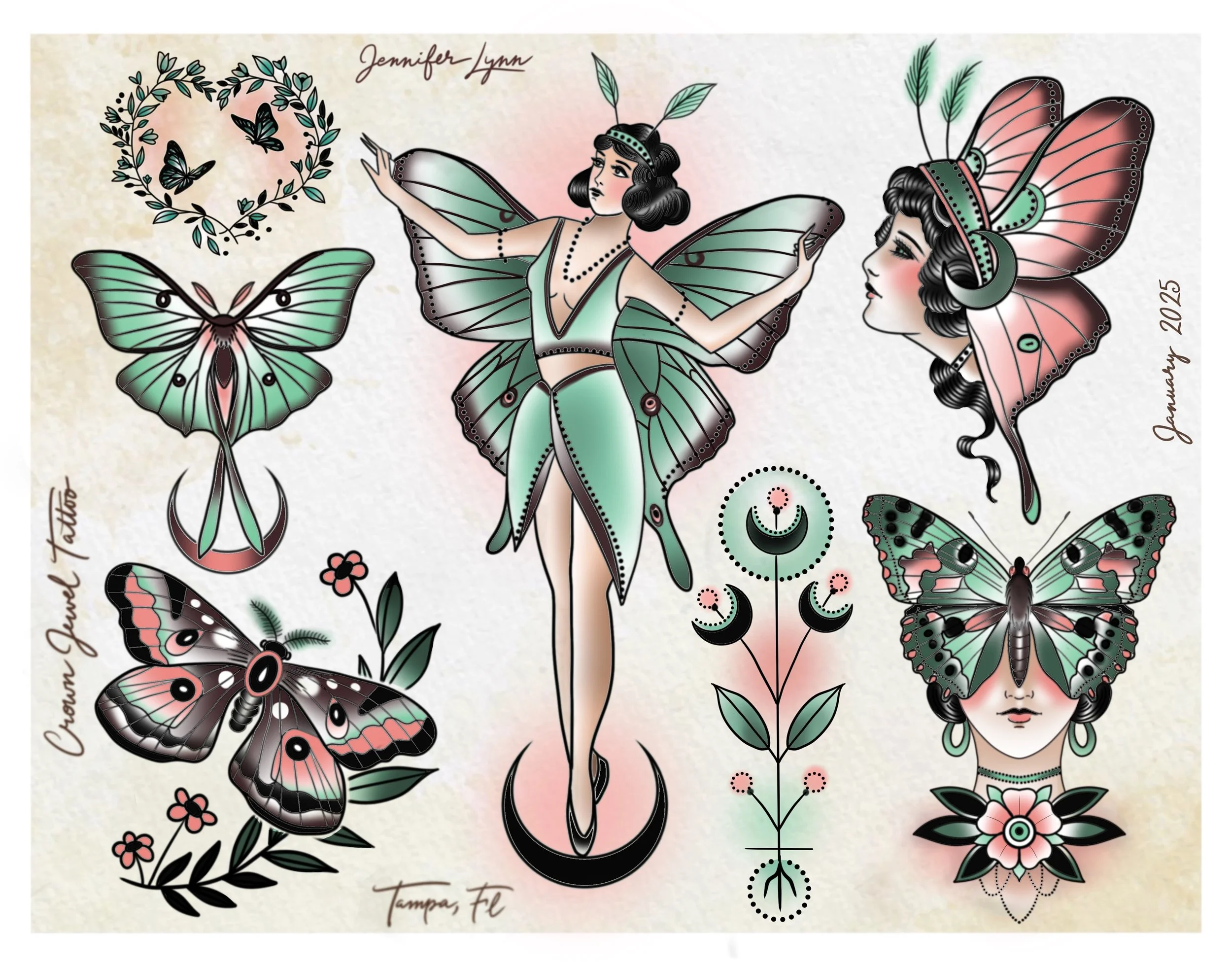 Traditional fairy tattoo flash sheet by Jennifer Lynn at Crown Jewel Tattoo in Tampa Florida. Designs from this sheet are available to be tattooed.
