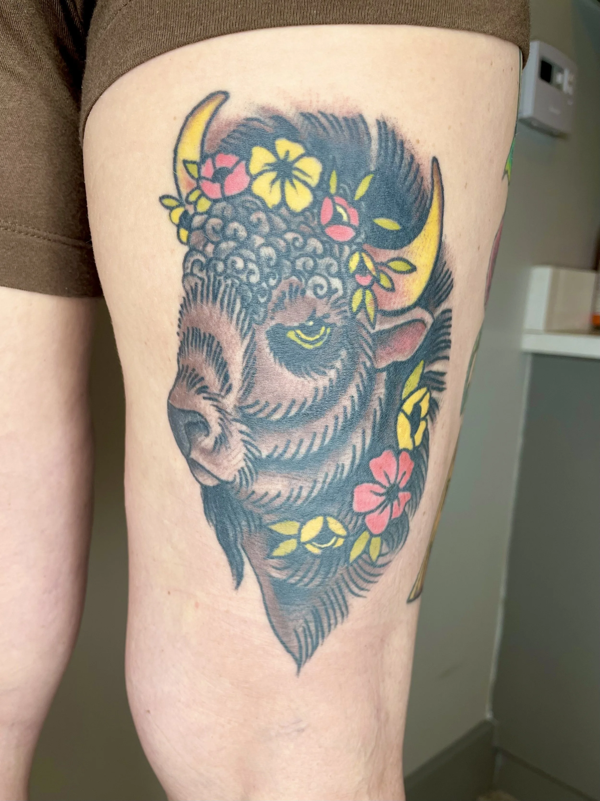 Traditional buffalo tattoo by Jennifer Lynn at Crown Jewel Tattoo in Tampa Florida 