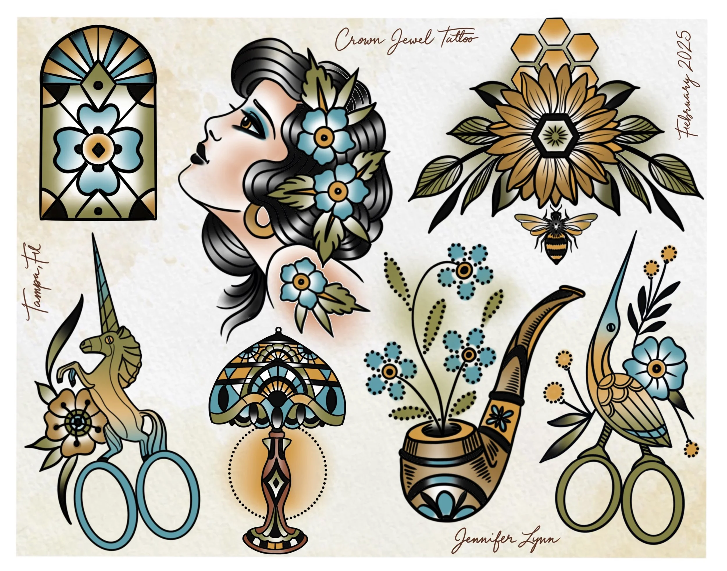 Traditional scissors tattoo flash sheet by Jennifer Lynn at Crown Jewel Tattoo in Tampa Florida. Designs from this sheet are available to be tattooed.