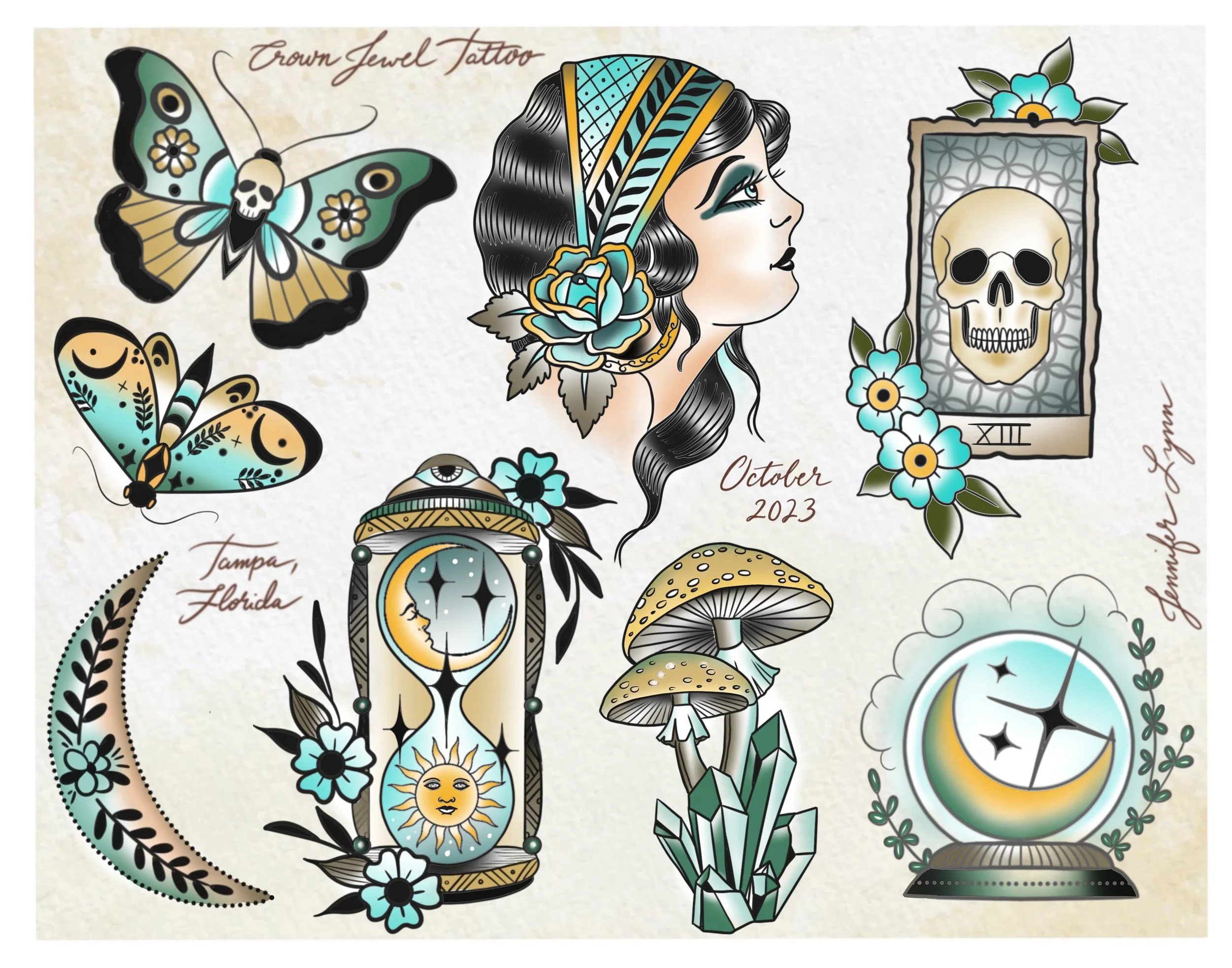 Traditional mystical tattoo flash sheet by Jennifer Lynn at Crown Jewel Tattoo in Tampa Florida. Designs from this sheet are available to be tattooed.