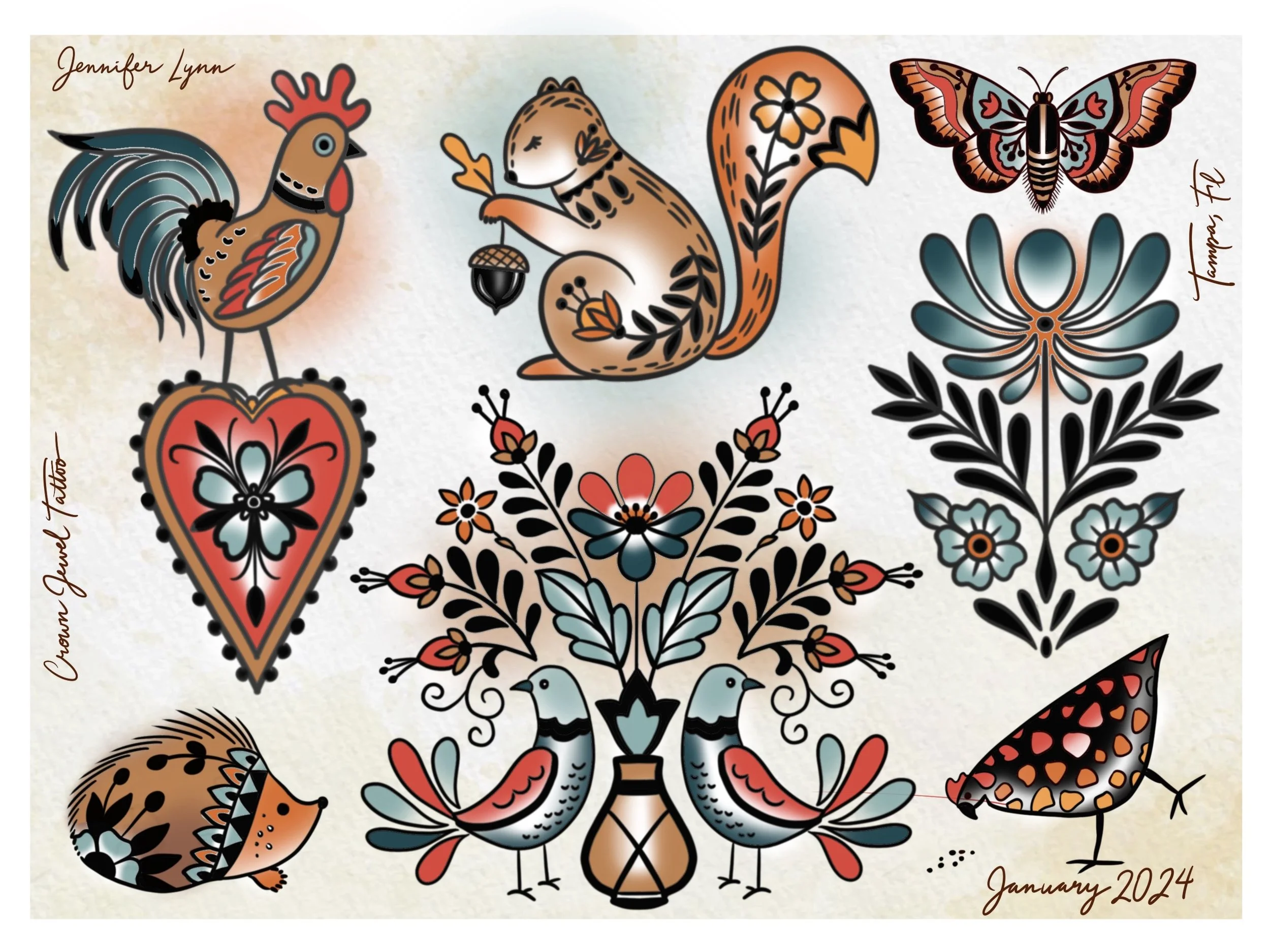 Traditional animal tattoo flash sheet by Jennifer Lynn at Crown Jewel Tattoo in Tampa Florida. Designs from this sheet are available to be tattooed.